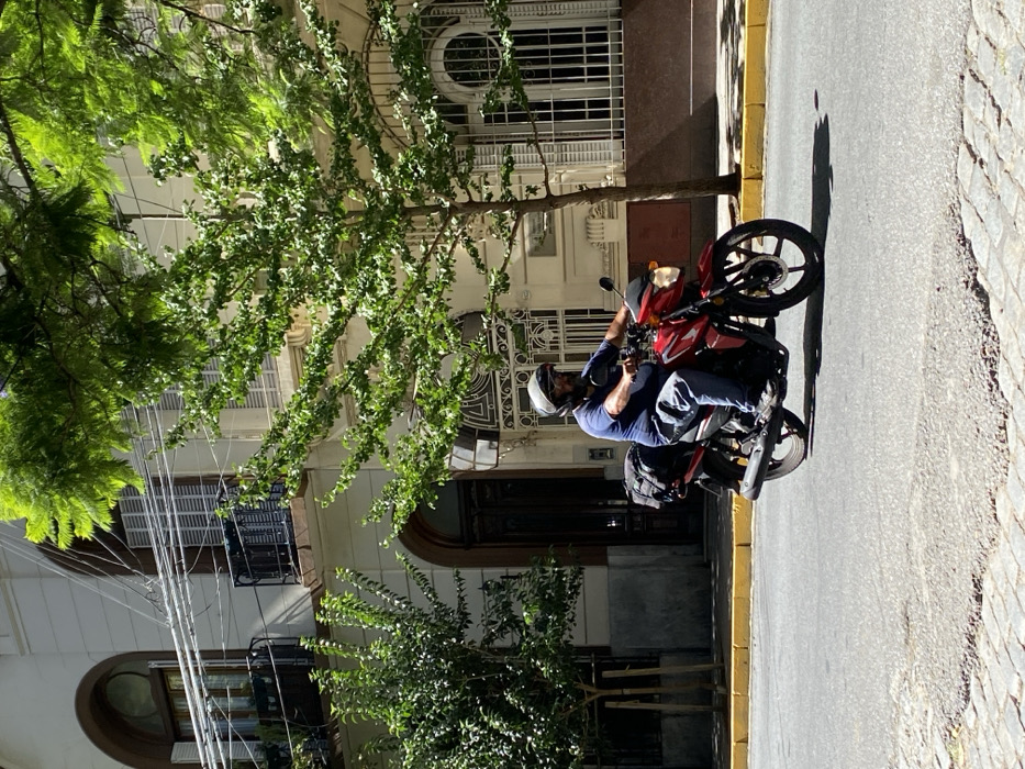 An adult male operates a red Honda motorcycle on an urban street in Buenos Aires, Argentina, under bright daylight. The man, seen in profile, wears a light-colored open-face helmet, a dark blue short-sleeved t-shirt, blue jeans, and sneakers. A dark, possibly black, bag or package is secured to the rear rack of the motorcycle. He holds the handlebars with both hands as the vehicle moves from left to right across the frame.
The background features a multi-story building with cream-colored facades, exhibiting classical architectural elements. Notable details include arched windows with dark wooden frames and closed white louvered shutters, decorative wrought-iron balconies on upper floors, and an ornate, dark wooden arched double door at ground level. A white, decorative metal grille covers a ground-floor window to the right of the main entrance. Overhead utility lines are visible against the upper portion of the building. Numerous green-leafed trees line the street, some with dense foliage casting shadows.
The street surface consists of asphalt in the mid-ground, with sections of cobblestones visible in the immediate foreground, indicating an older urban area. A yellow painted curb delineates the edge of the road. Strong sunlight casts distinct shadows, suggesting midday or early afternoon conditions.