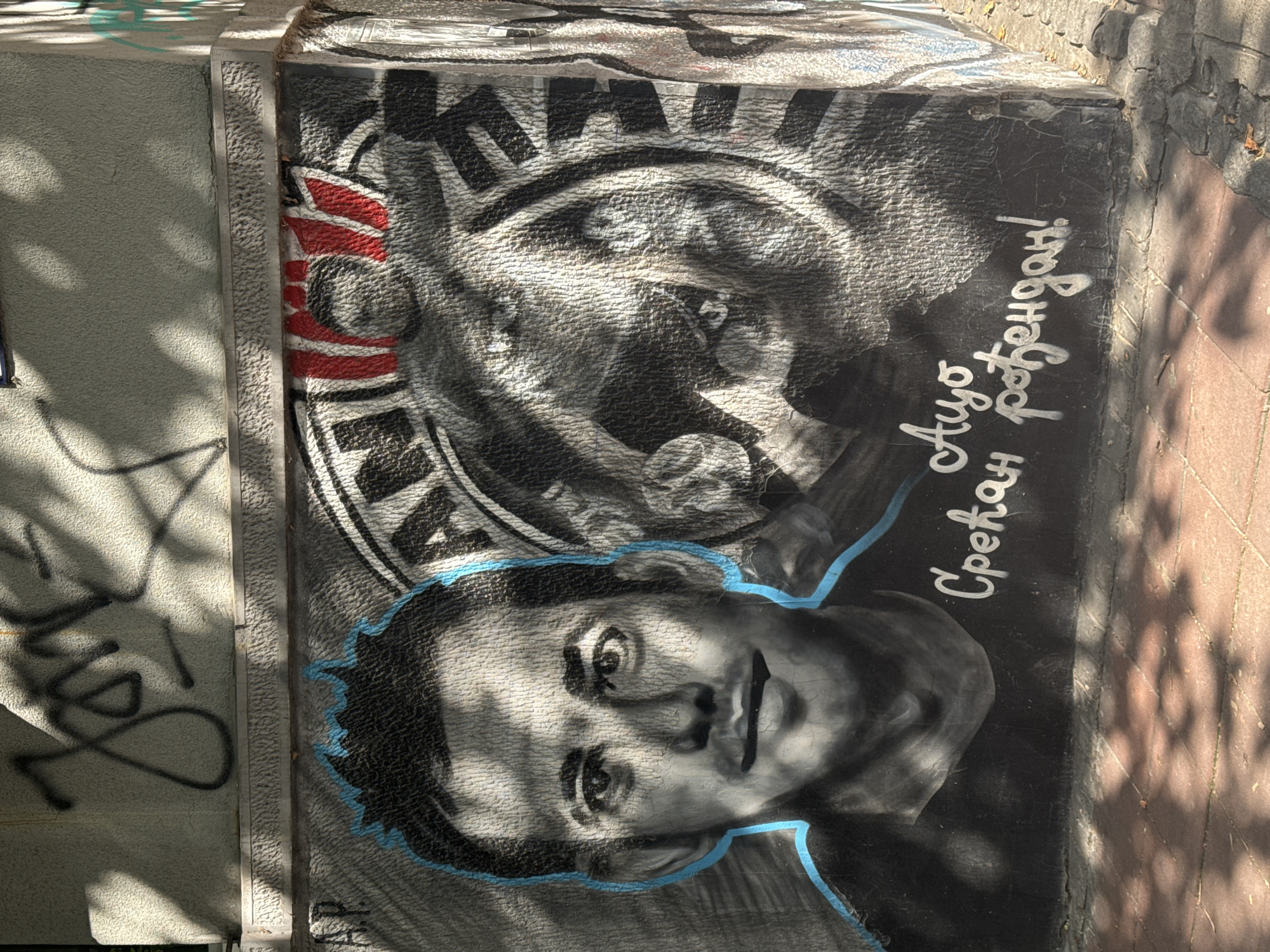 The image shows a graffiti mural on a concrete wall in Belgrade, Serbia. The mural features a portrait of a man, rendered in shades of gray, with a blue outline. To the right of the portrait, there is a large circular graphic with what appears to be a stylized animal, possibly a lion or a wolf, within it. The circular graphic is partially obscured by shadows cast from overhead foliage. There is also graffiti in black and red spray paint on the wall above the mural. Below the portrait, in white spray paint, is text written in Cyrillic script: "Срећан рођендан!" which translates to "Happy Birthday!". The wall appears to be an exterior wall of a building, situated at street level, with a sidewalk composed of interlocking pavers in front of it. The overall condition of the wall and the surrounding environment suggest an urban setting.