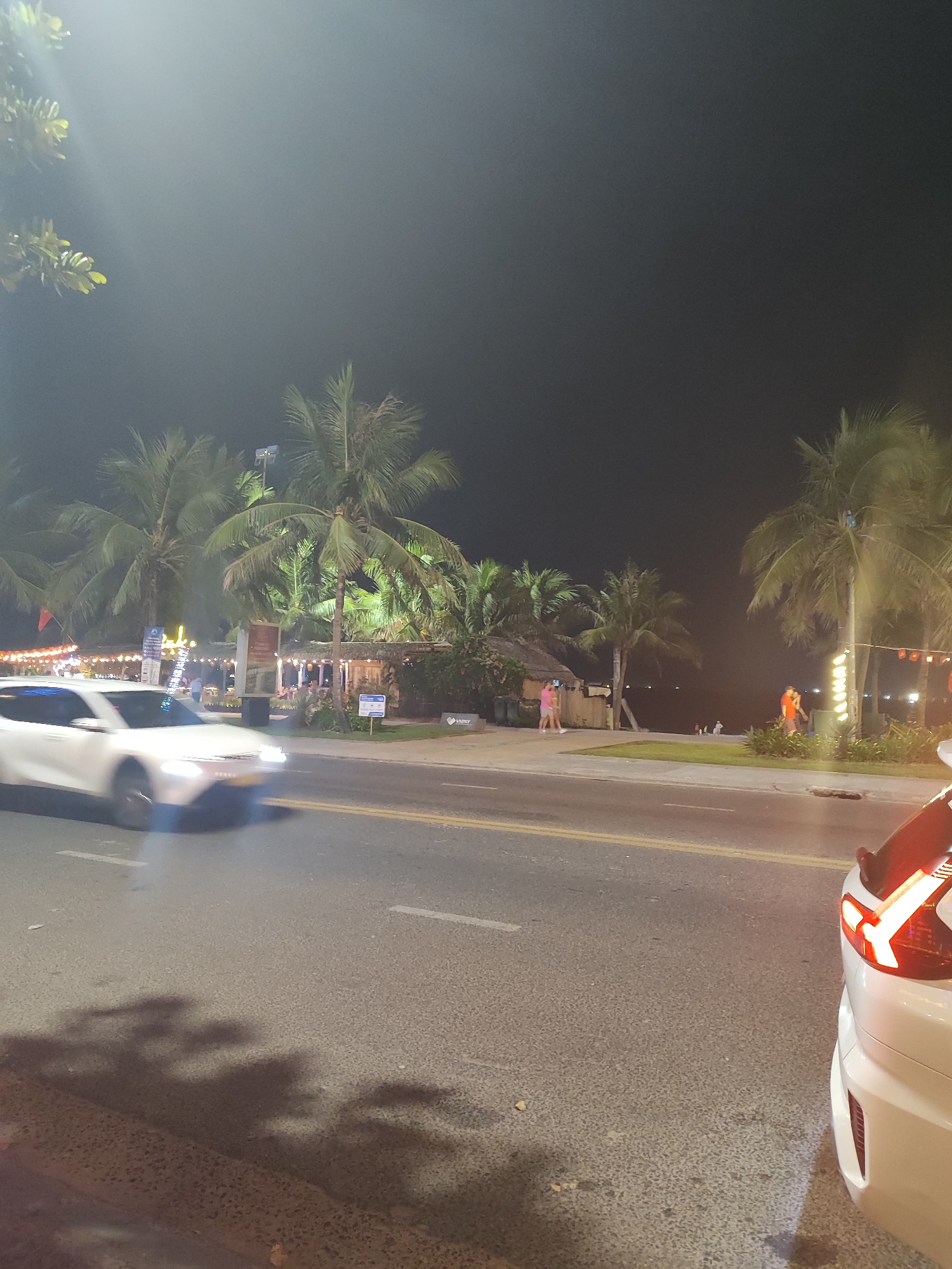 The scene is a nighttime view of a street in Đà Nẵng, Vietnam. The street is illuminated by streetlights and headlights from vehicles. A white car is moving on the left side of the street, and the rear of another white car is visible on the right side. In the background, palm trees line the street, and there are several buildings with lights on. People are visible on the sidewalk near the buildings. The overall environment suggests a coastal area with nighttime activities.