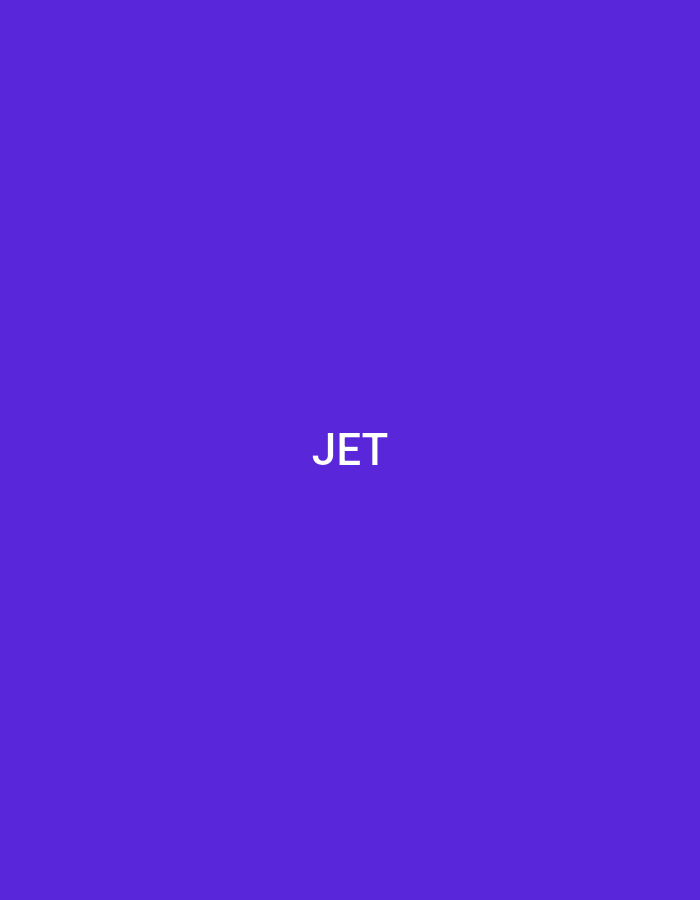 The image displays the capitalized word "JET" in white, sans-serif text, centered horizontally and vertically on a solid, uniform purple background. No other visual elements, such as people, objects, actions, interactions, or environmental features are present. The image provides no discernible information regarding a specific geographical location within Casablanca, Morocco, or any other city.