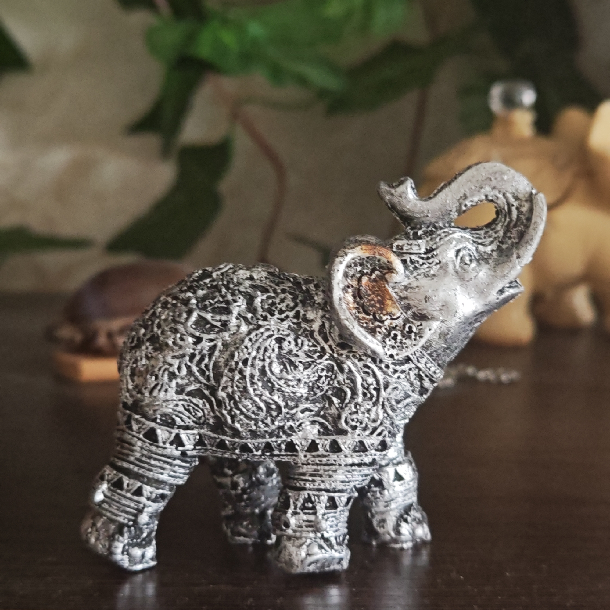 The image presents a close-up, indoor shot of a decorative elephant figurine, set in what is identified as Novo-Nikol'skoe, Russia. The primary subject is a highly detailed, silver or metallic grey elephant statuette positioned in the foreground. Its surface is intricately adorned with complex, swirling patterns and geometric bands, particularly noticeable on its body and legs. The elephant's trunk is raised high, and one of its large ears features a distinct brownish-golden accent or slight discoloration, adding a warm tone to the otherwise cool metallic finish.
The figurine stands on a dark, polished surface, likely a wooden table or shelf, which anchors the bottom of the frame. The background is intentionally blurred with a shallow depth of field, drawing focus to the elaborately crafted elephant. In the soft-focus background to the right, another elephant figurine, lighter in color (appearing beige or yellow), is visible. To the left, a dark, indistinct object rests on a lighter base. Hints of green foliage from a plant are also discernible in the very blurred far background. No activity is taking place as the image captures a static display of decorative objects. There is no visible text in the image.