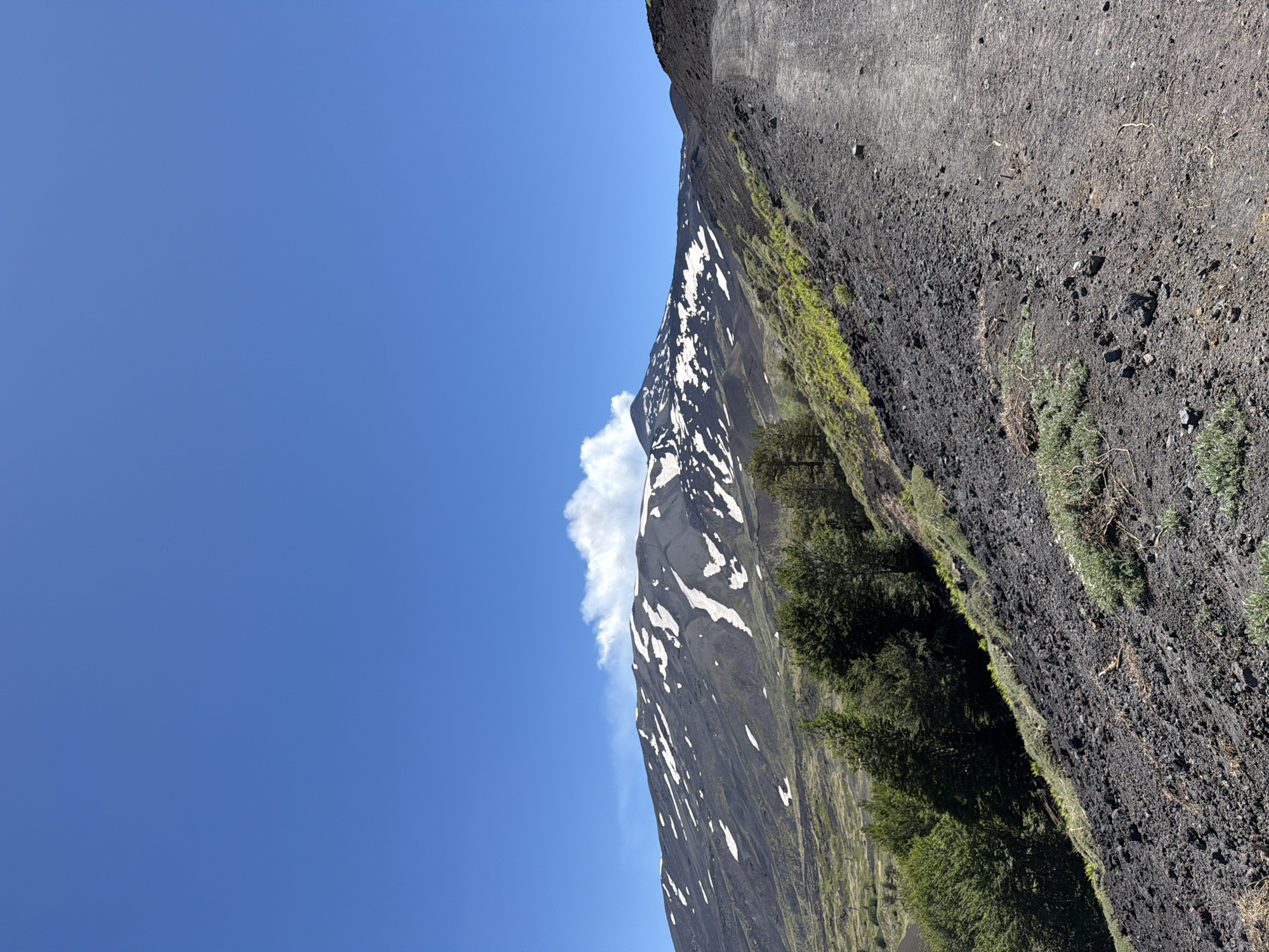 A clear, bright blue sky dominates the upper portion of the image. A snow-capped volcano, Mount Etna, is visible in the background, with a plume of white smoke or steam emanating from its peak. The slopes of the volcano are dark and rocky, interspersed with patches of snow and green vegetation. In the foreground, a dirt road curves upwards along the side of a rocky incline. Scattered green bushes and some trees are present on the lower slopes. The image appears to be taken from an elevated position, looking towards the volcano. The scene depicts a natural, mountainous landscape, likely within the vicinity of Linguaglossa, Italy, given the mention of Mount Etna.