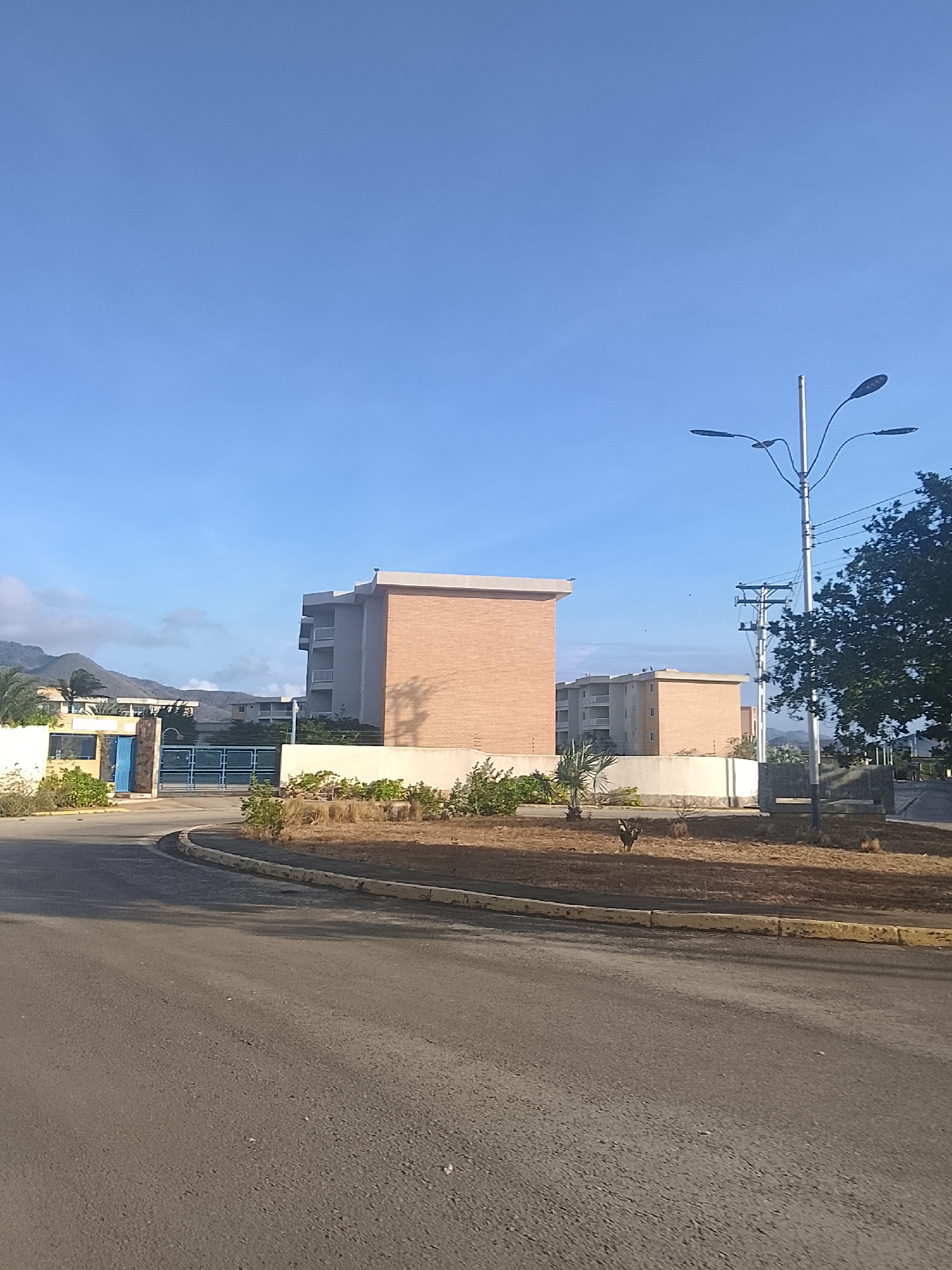 The image depicts a street scene in Altagracia, Venezuela, showcasing residential buildings and infrastructure. The buildings are constructed of brick and concrete, featuring a modernist architectural style with flat roofs and balconies. A blue gate and wall enclose a property on the left side of the frame. The street is paved and lined with a concrete curb. A landscaped median is present, with sparse vegetation. A streetlight stands on the right side of the road near a utility pole with electrical wires. In the background, mountains are visible on the horizon. The sky is clear and blue. No people are visible in the scene.
