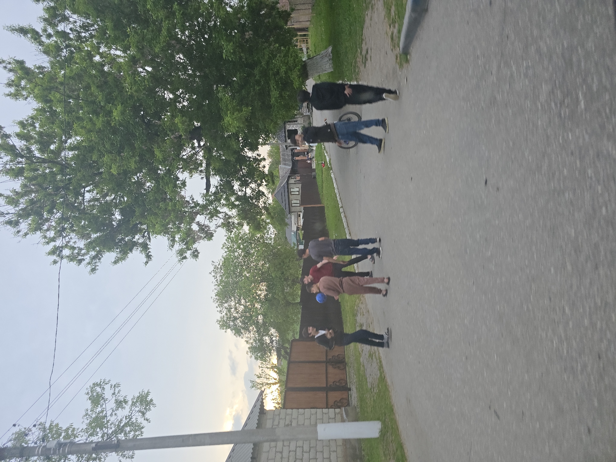 A slightly angled, long-shot captures a group of people on a paved street in an unknown urban area. The group consists of individuals of varying heights and attires, including some wearing casual clothing like jeans and t-shirts, while others are dressed in jackets. One person is standing with a bicycle. The group is spaced out along the road, possibly engaged in conversation or leisurely walking.
The environment includes buildings and houses along the sides of the street. One side features a low fence made of wood, and on the opposite side, a building is visible. Large trees with dense foliage overhang the street, creating a dappled light effect on the pavement and buildings. Utility poles with wires run along the side of the street. The sky is visible between the trees and appears overcast, with no direct sunlight. The street material seems to be a standard asphalt road with a slight texture.