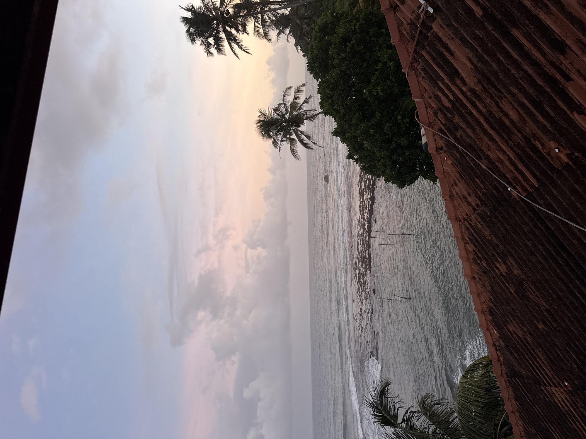 An elevated, medium shot captures a coastal view in Goviyapana, Sri Lanka, at what appears to be dusk or dawn. The foreground is dominated by a weathered, rust-colored corrugated roof, angled diagonally from bottom left to top right. To the left, a large frond of a palm tree extends from the bottom edge.
Beyond the roof, the ocean stretches to the horizon, its surface a muted grey-blue with gentle waves rolling towards the shore. The water near the coast is shallow and rocky, with a series of thin, dark vertical poles protruding from the water, likely remnants of a traditional stilt fishing setup.
The middle ground features lush green foliage and several palm trees silhouetted against the sky. The palm trees are tall and slender, with characteristic fronds. The sky above is a soft gradient of pale blue at the top, transitioning through pale pink and lavender hues near the horizon, indicating the time of day. Scattered, wispy clouds are present throughout the sky. No people or animals are visible in the scene.