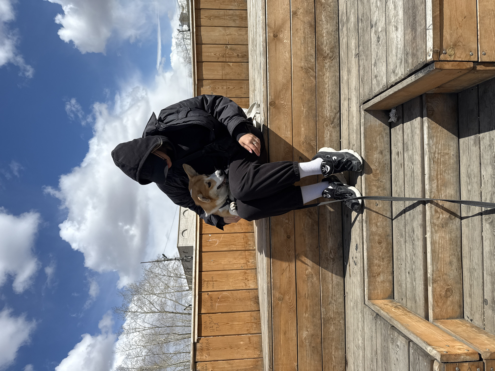 A person in a black hooded jacket and black pants is sitting on a wooden platform with a Shiba Inu dog in their lap. The person is also wearing black shoes with white socks. The dog has a black collar. The background shows a blue sky with white clouds and trees without leaves. The wooden platform has writing on some of the planks. The location is Borzya, Russia.