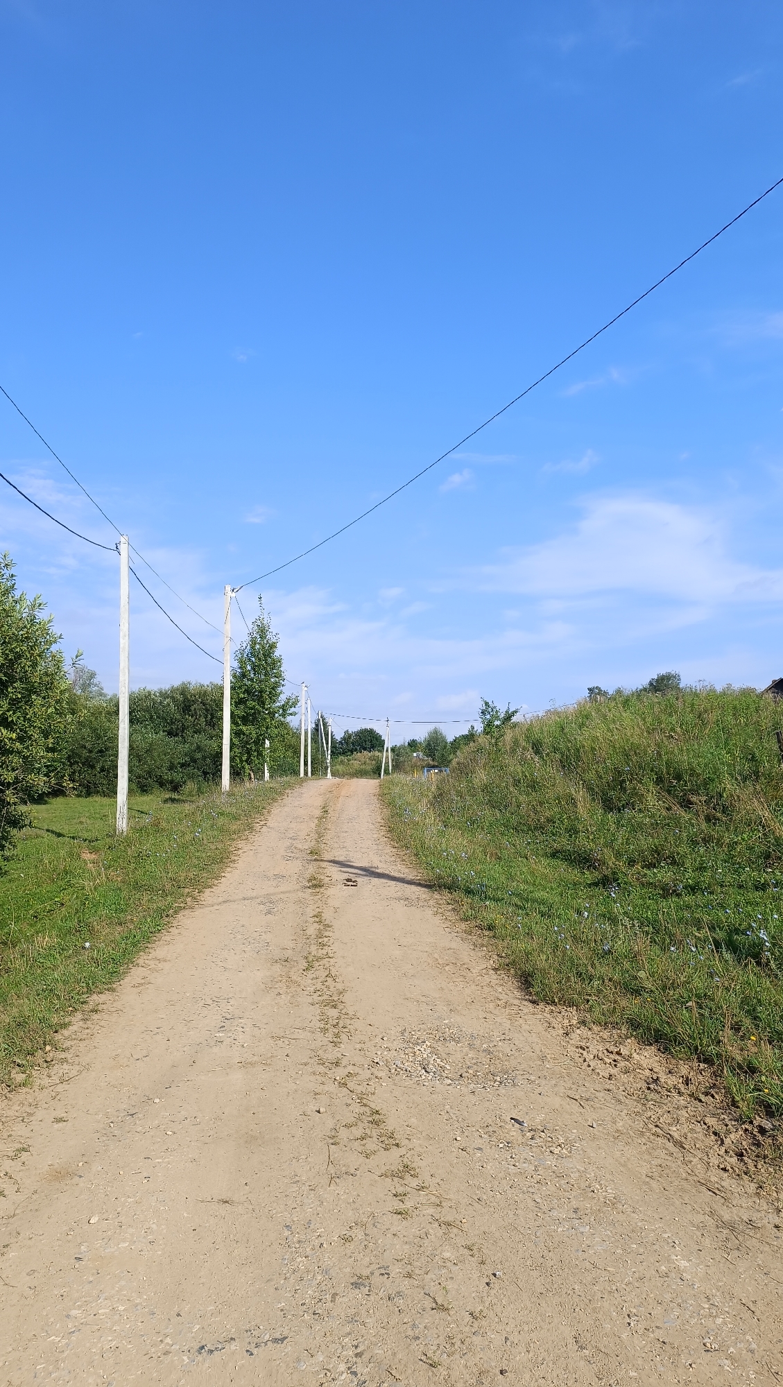A dirt road stretches into the distance, flanked by grassy fields and trees. Several utility poles with wires are visible along the left side of the road. The sky is a clear blue with a few wispy clouds. The image appears to be taken in a rural area.