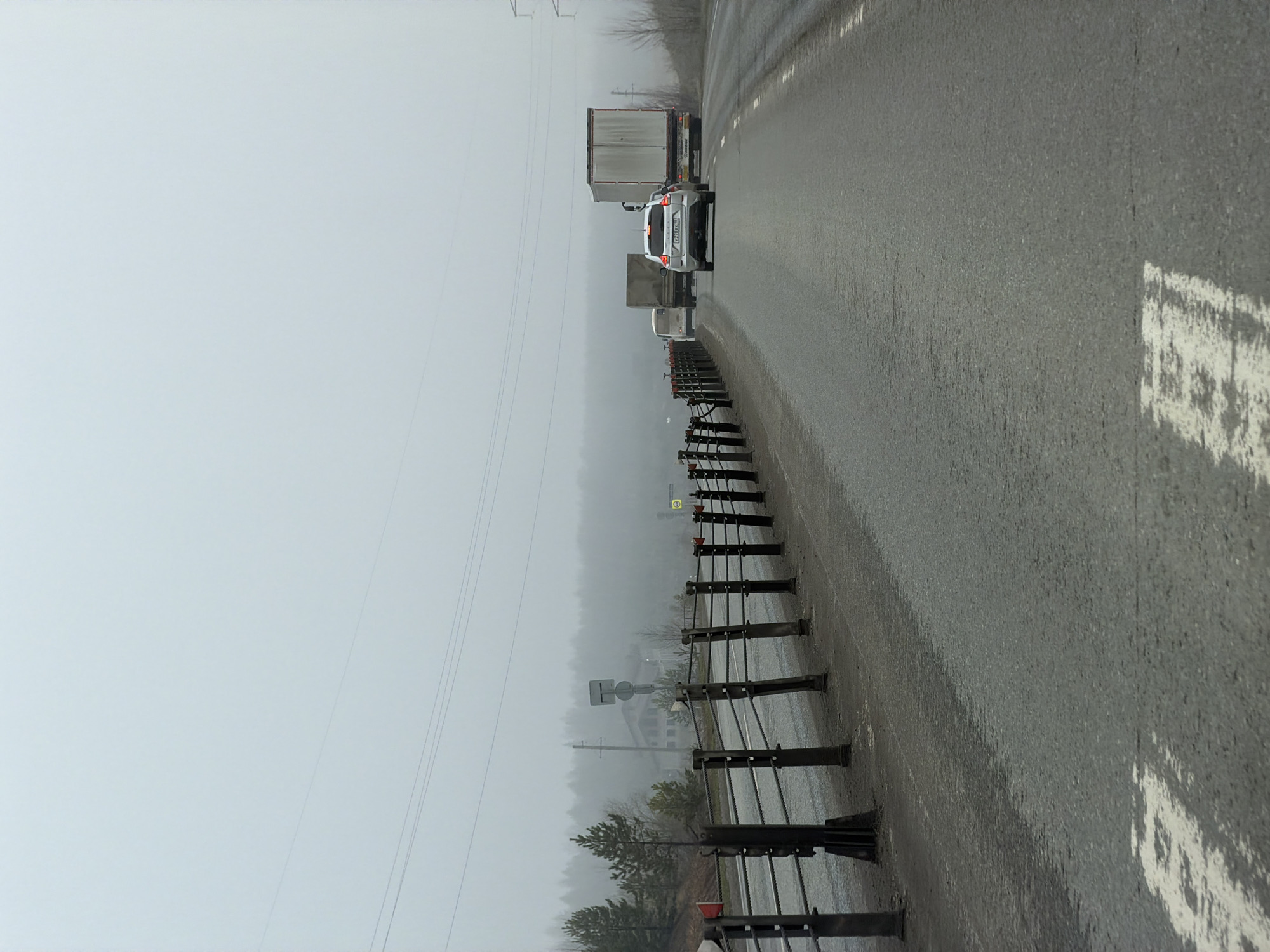 The image depicts a wet, asphalt road on a foggy, overcast day, likely in Bolgury, Russia. The scene suggests poor visibility and damp conditions.
In the foreground, the road surface is dark and appears wet, with visible white lane markings and a solid white line bordering the shoulder on the right. A cable-style guardrail with dark posts and multiple tensioned cables runs along the right side of the road, disappearing into the haze. Some red reflectors are attached to the guardrail posts.
Further down the road, traffic is visible, suggesting slow movement or a queue. A white sedan is prominent among the vehicles, its rear visible, possibly with brake lights illuminated. Its license plate clearly shows "P228BH" followed by two digits, likely indicating a Russian registration. Behind the sedan, several large semi-trailer trucks are seen, their white or light-colored trailers standing out against the muted background. Other vehicles are faintly visible deeper in the fog.
To the left of the road, the landscape is shrouded in dense fog, with bare or sparsely-leaved trees lining the roadside, hinting at late autumn, winter, or early spring. Several utility poles with power lines stretch across the frame on the left. A couple of road signs are visible through the fog on the left side of the road; one appears to be a yellow diamond-shaped warning sign (potentially for an intersection or crossing), and another circular sign is also present. The sky is a uniform, light gray, blending seamlessly with the fog and distant landscape, creating a subdued and monochrome atmosphere. The overall impression is one of a cold, damp, and misty day on a rural highway.