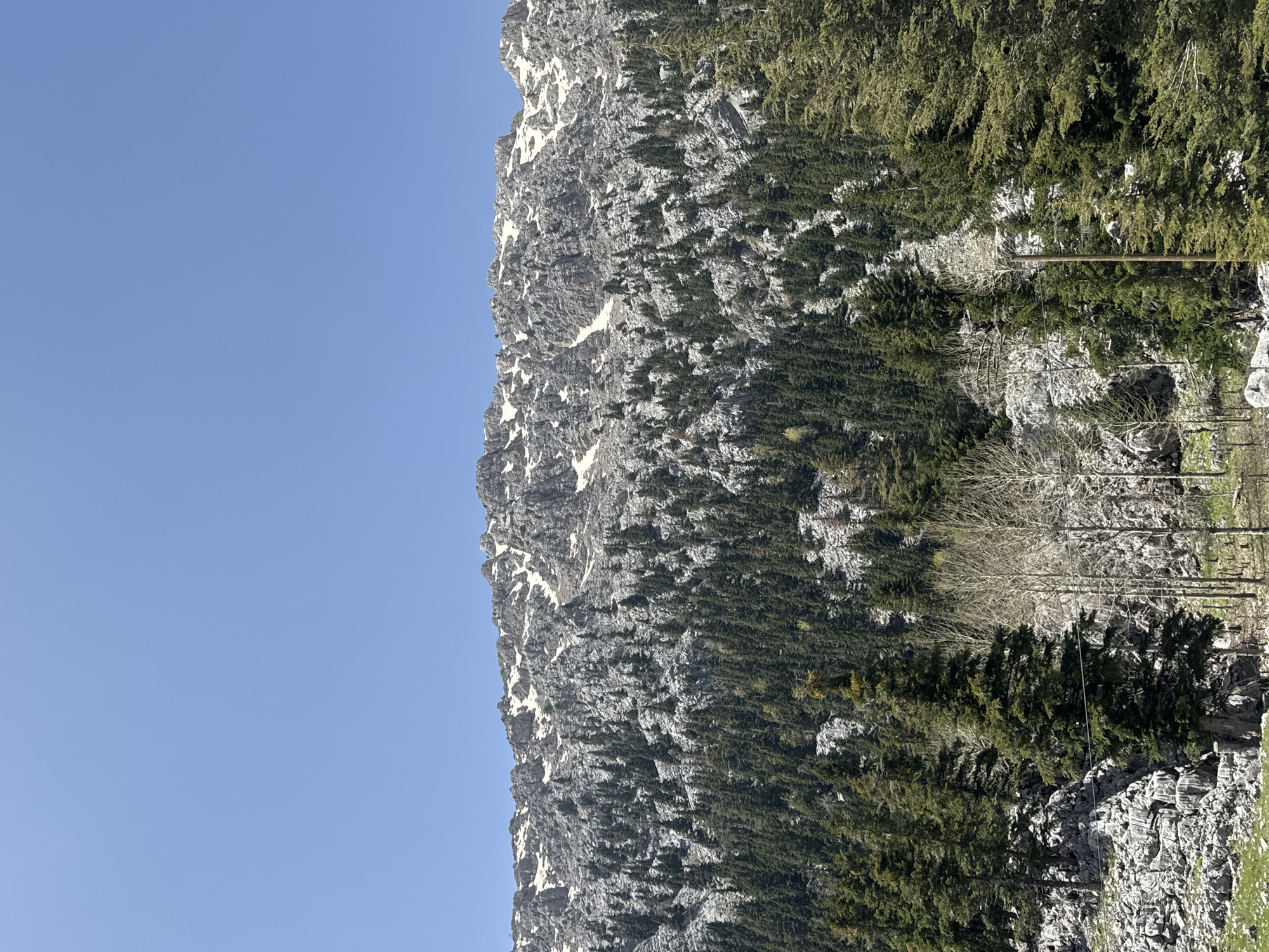 The image depicts a mountain range, likely in the vicinity of Akseki, Turkey. The mountain face consists of rocky terrain with patches of snow and coniferous trees growing on its slopes. The sky is clear and blue. The landscape is rugged and natural. The picture appears to be taken at a daytime, with ample sunlight illuminating the scene.