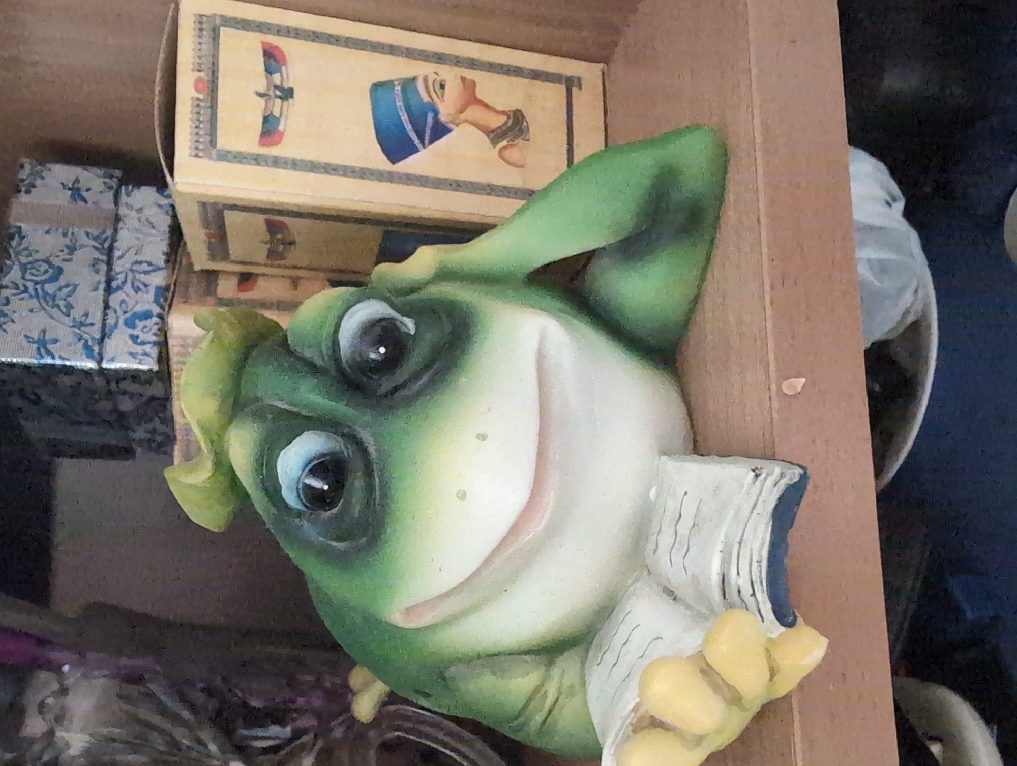 A detailed, forensic, matter-of-fact description of the scene:
The image depicts a close-up, eye-level view of a decorative frog figurine situated on a wooden shelf. The frog, predominantly green with yellow accents on its hands and head, is in a reclining posture, resting its right arm on its head and its left hand holding an open book. The book's pages are white with black lines, suggesting text. The frog has large, expressive blue eyes and a wide, smiling mouth.
Behind the frog, the shelf displays several items. To the right of the frog, there are at least two cardboard boxes with Egyptian-themed imagery. One visible box features a depiction of a woman in a blue headdress, likely Nefertiti, with hieroglyphs and symbols surrounding her. To the left of the frog and partially obscured, there are stacked blue and white patterned boxes. The background consists of a dark, textured surface, possibly a wall or another shelf, with hints of other objects.
The lighting appears to be artificial and slightly dim, casting subtle shadows. The overall impression is of a decorative display on a shelf in an indoor setting. The image is not a part of the city of Kryvyi Rih, Ukraine.