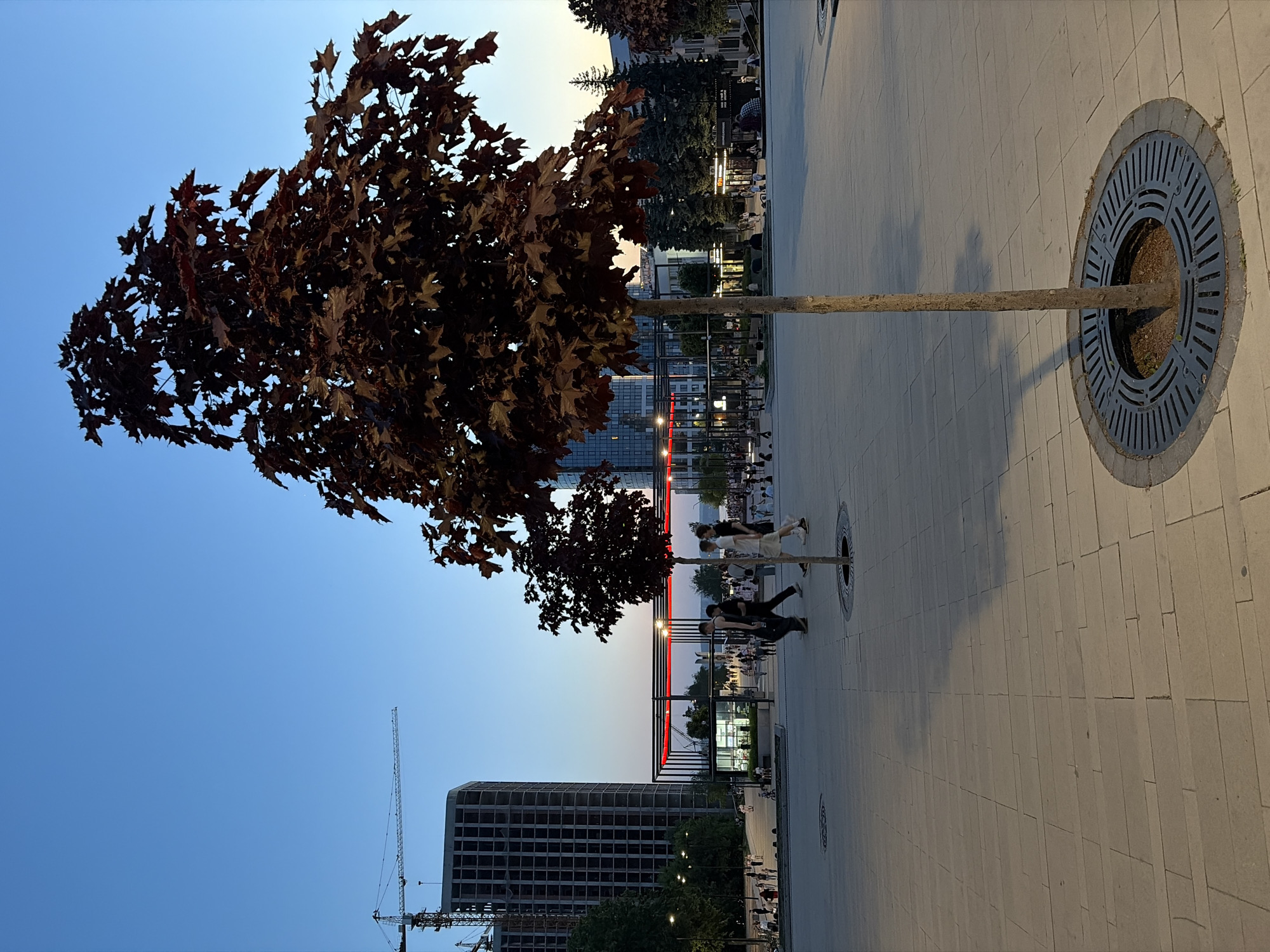 The image shows a public square in Izhevsk, Russia, during the evening or late afternoon. The foreground is dominated by a tree with maroon leaves, planted in a circular metal tree grate set into light-colored pavement. Further down the paved area, several people are walking and standing. In the background, there is a modern building under construction with a crane visible next to it. A dark-colored, low-rise structure with horizontal red lights is also visible. The sky transitions from a light blue to an orange hue near the horizon.