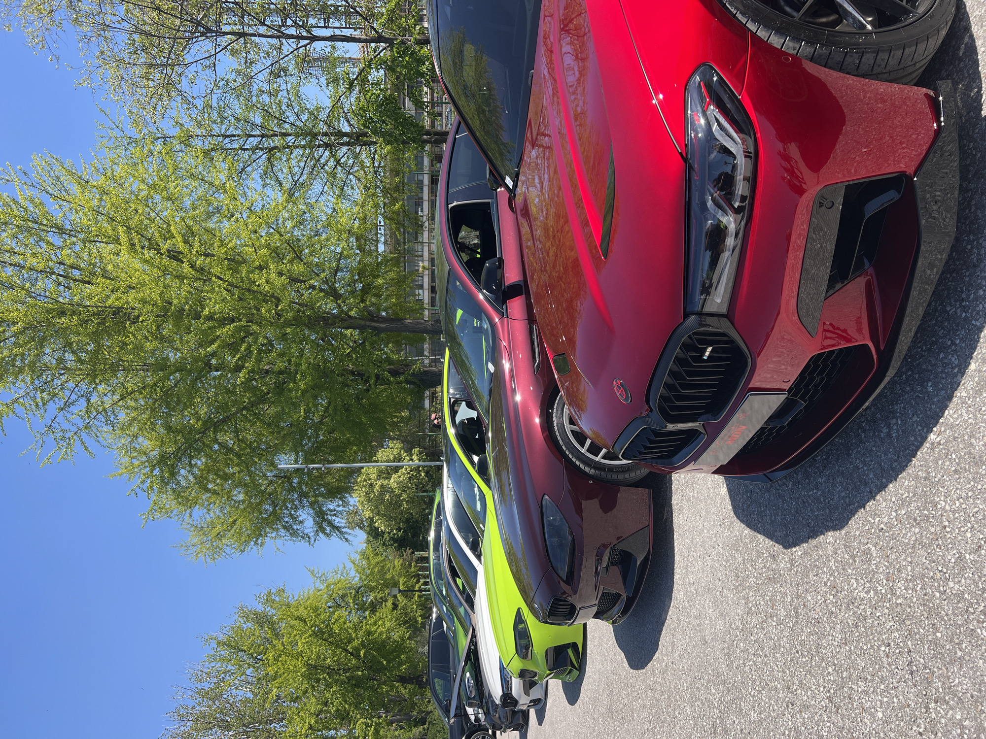 The image shows a row of parked cars on an asphalt surface in an outdoor location. The front of the line is dominated by a red car, followed by a bright lime green car, a white car, and several other darker-colored vehicles receding into the background. The cars appear to be parked along a road, beside which are trees with green foliage. The sky is visible above the trees and is blue. The scene appears to be in a suburban or urban area. The location details of Plovdiv, Bulgaria, are not discernible from the image.