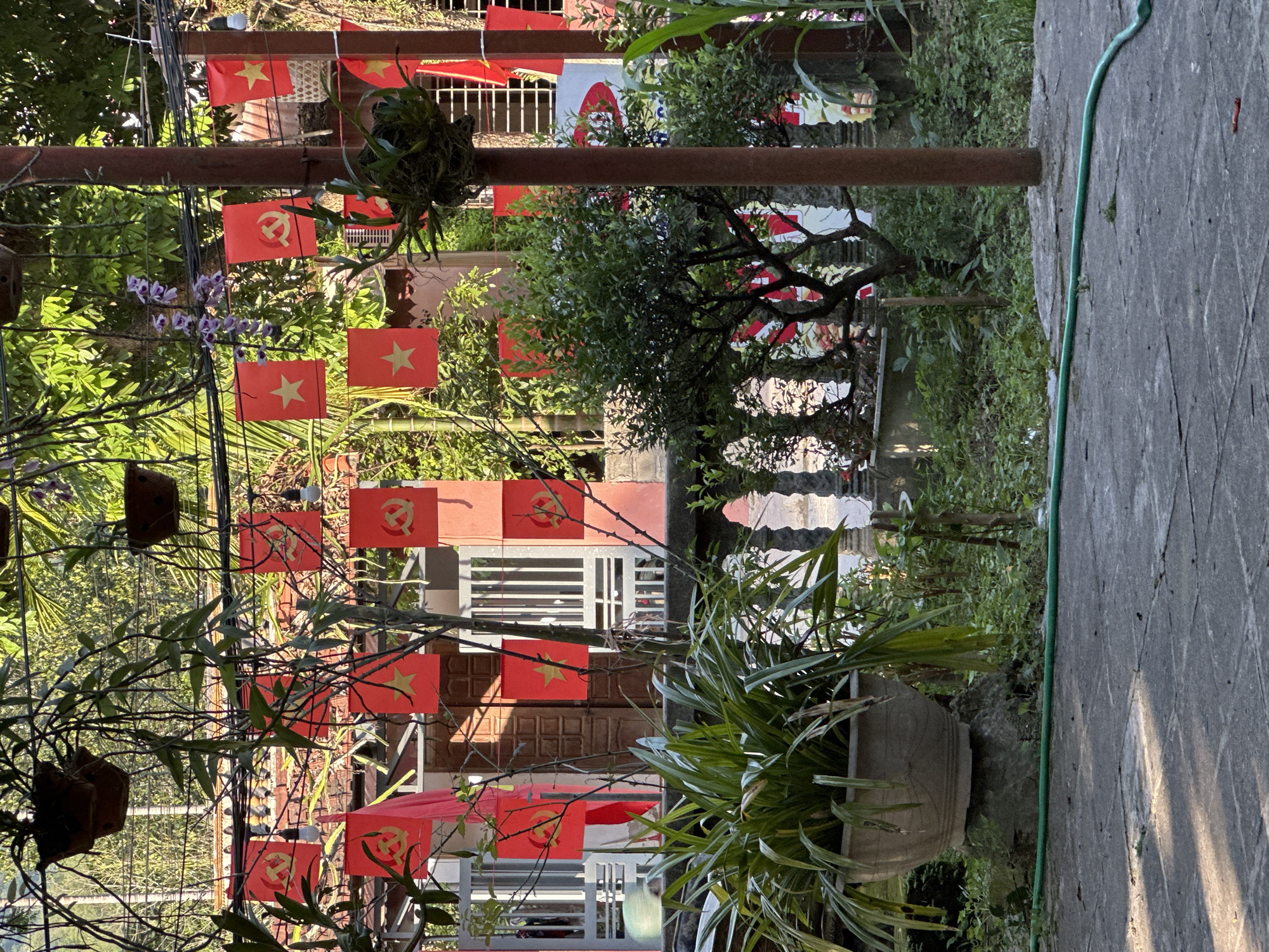 The scene depicts a residential area in Bảo Nhai, Vietnam, adorned with Vietnamese flags and communist symbols. The flags, small and red, are strung between metal poles. A house with closed doors is visible in the background. A potted plant sits near a concrete walkway. Foliage is abundant throughout the image.