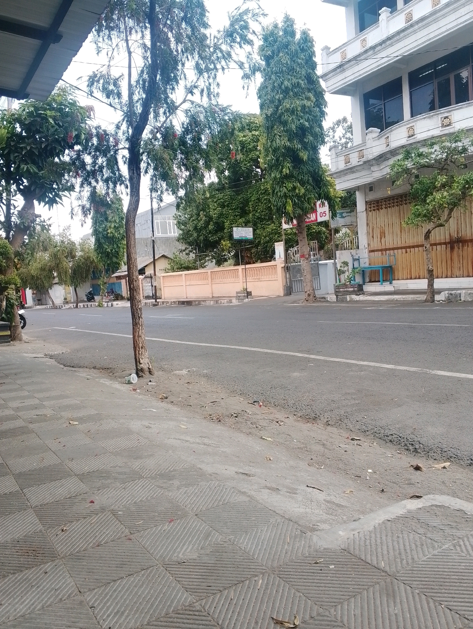 The image depicts a street scene in the city of Blitar, Indonesia, likely during daytime. In the foreground, a paved sidewalk with a patterned design runs along the left side of the image. A road, appearing to be asphalt, occupies the middle ground, with a white dashed line marking the lane.
Along the right side of the road, a two-story building with white walls and dark-tinted windows is visible. The building features decorative elements on its facade. In front of the building, a corrugated metal gate is closed. A small blue table and chairs are placed on the sidewalk in front of the building.
Several trees are scattered throughout the scene. One prominent tree with a slender trunk stands near the sidewalk, and another taller, conical tree is positioned in front of the white building. Green foliage from various trees lines the background, interspersed with glimpses of other buildings and structures.
A few objects are present on the roadside, including a plastic cup on the ground near the tree trunk in the middle ground. Two motorcycles are parked on the left side of the road in the background. A sign with Indonesian text, possibly indicating a street name or number, is partially visible on the left side of the image. The overall environment suggests a relatively quiet urban street.