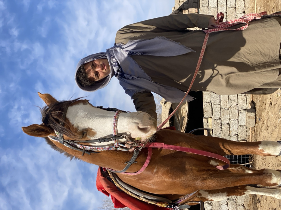 The image depicts a young male individual standing outdoors next to a horse in what appears to be a rural or semi-rural area of Kandahar, Afghanistan.
**Subjects:**
* **Person:** A male, approximately late teens to early twenties, with curly dark hair visible beneath a light gray hood. He wears a plain, long-sleeved, olive-drab or khaki-colored tunic (likely a Qamis or Perahan tunban) and a patterned gray scarf wrapped around his neck and shoulders. His right hand is placed on the horse's neck/shoulder area, and he holds a red and white patterned lead rope, which is also wrapped around his left hand. He looks directly towards the camera with a neutral expression.
* **Horse:** A chestnut horse with significant white markings on its face (a wide blaze covering most of its muzzle and forehead) and lower legs (stockings on all visible legs). It wears an ornate bridle with colorful woven patterns (red, white, blue beads/straps) and a bit. A red saddle pad is visible under a saddle on its back, though the saddle itself is largely obscured. A pink or red strap runs from the bridle down its chest. The horse stands calmly, facing slightly away from the camera, with its head turned towards the person.
**Environment:**
* **Ground:** The ground is dry, light brown dirt or sand, characteristic of arid regions.
* **Structures:** In the background, to the right of the horse and behind the person, there is a low wall constructed from light-colored bricks or cinder blocks. Behind this wall, a dark opening suggests a rudimentary shelter or building. Further in the distance, sparse, leafless trees or bushes are visible.
* **Sky:** The sky is bright blue with scattered white, wispy clouds, indicating clear weather.
**Action/Interaction:** The male individual is standing alongside and gently touching the horse, holding its lead rope. The horse is standing still, appearing to be led or posed. The interaction appears calm and controlled.