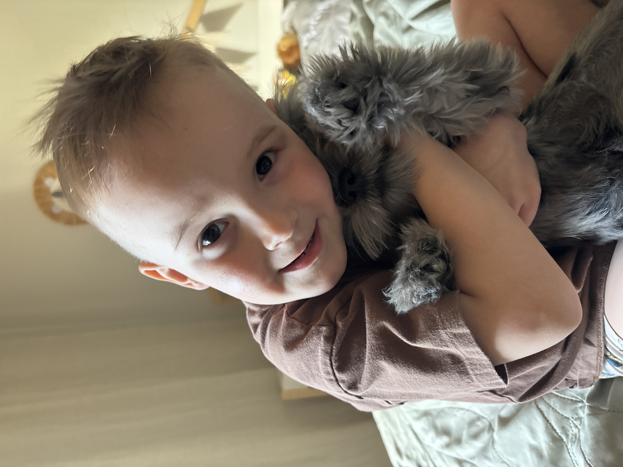 A young boy with fair skin, short blonde hair, and brown eyes is holding a gray, furry stuffed animal. He is wearing a brown short-sleeved shirt. The background consists of bedding. The location is not apparent from the image and cannot be identified as Chaikovsky, Russia.