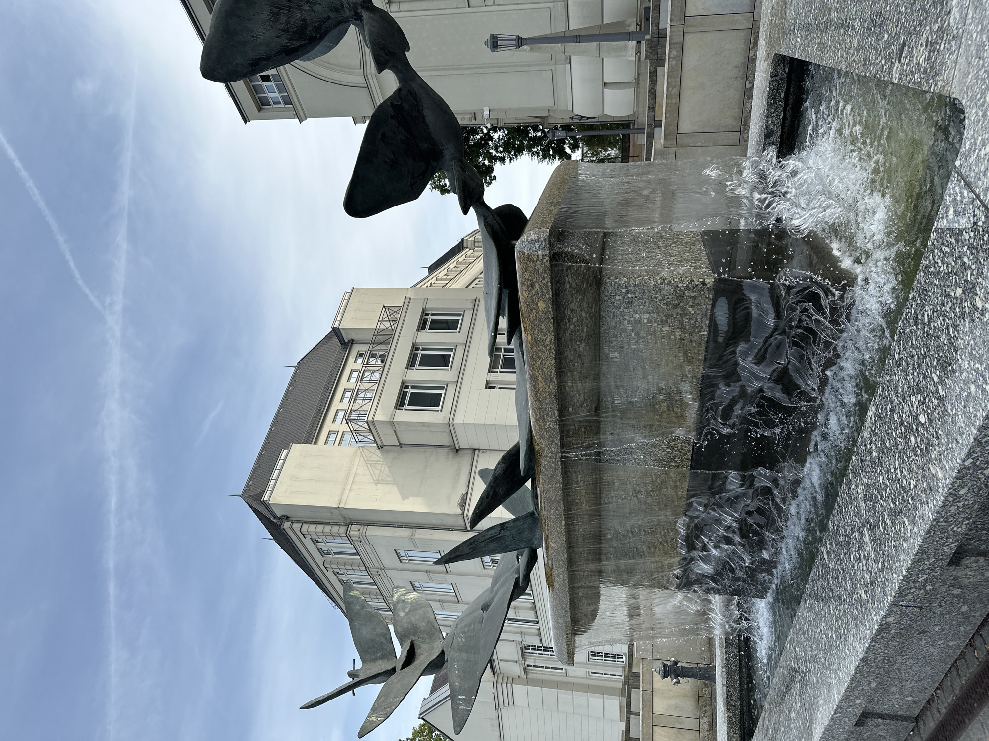 The image depicts a modern sculpture of stylized birds in flight, integrated into a fountain in Luxembourg City, Luxembourg. The sculpture is made of dark metal and features multiple abstract bird shapes arranged on a stone base. Water cascades over the sides of the stone structure, creating a dynamic fountain effect. The fountain is surrounded by granite paving stones. In the background, two contemporary buildings with light-colored facades and numerous windows are visible. One building has a more traditional pitched roof, while the other has a flat roof. The sky is partially cloudy with a few wispy clouds. The scene appears to be a public space, likely an urban plaza or park. There are no people visible in the image.