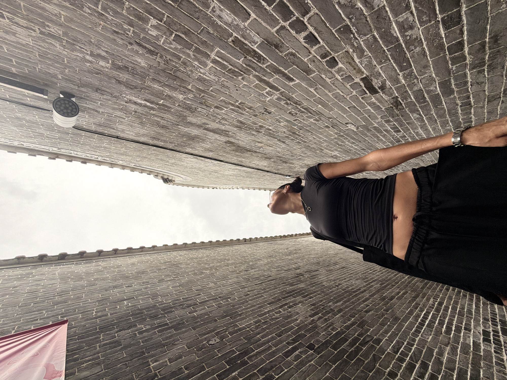 In Chancheng District, China, a woman stands in a narrow alleyway between two brick walls. She is wearing a black crop top and black pants, and carrying a black tote bag. She is looking up at the sky, her face tilted back. A security light is mounted on the right wall, and a red and white banner is visible on the left wall. The sky is overcast, and the alleyway is dimly lit. The bricks appear to be aged and weathered.