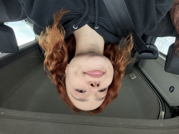A young female individual is depicted in a self-portrait within the interior of a vehicle. She possesses reddish-orange, wavy hair and light skin, with visible dimples on her cheeks and a slight upward curve to her lips. She is wearing a black hooded sweatshirt with a visible drawstring and is secured by a black diagonal seatbelt across her chest and shoulder. The vehicle's interior features a grey headliner, black headrests, and a blue and white circular symbol, possibly indicating "no food or drink," affixed to the ceiling on the left. Bare tree branches are visible through the vehicle's windows, suggesting an outdoor, possibly overcast, environment. The specific location within Toul, France, cannot be determined from the provided interior vehicle imagery.