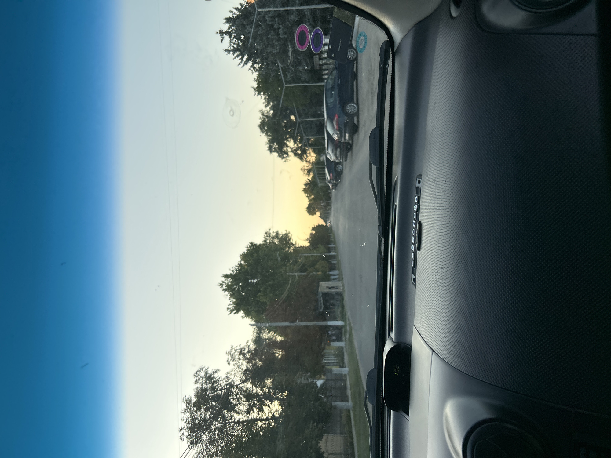 The image, taken from the interior of a car, shows a street scene in Basarabeasca, Moldova, at dusk. The sky is a gradient of blue and pale yellow, indicating the sun is low on the horizon. The street is lined with trees and houses on the left, and parking spots with cars on the right. The dashboard of the car is visible in the foreground, with a digital clock displaying "1:02". Several vehicles are parked along the right side of the street, including a dark-colored hatchback. Tall streetlights are also present. The overall impression is of a quiet residential street during the evening.