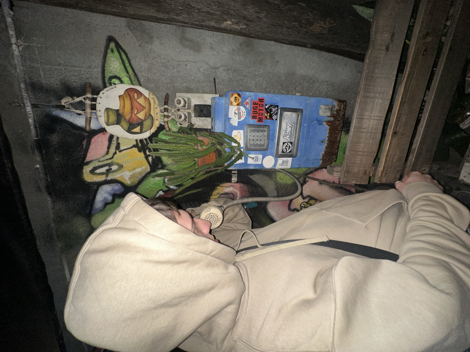 A person wearing a tan hoodie is lying down next to a blue payphone. The payphone is mounted on a wall covered in graffiti and stickers. A cactus is growing next to the payphone. The location is Villa Adelina, Argentina. The person is holding the payphone receiver to their ear. Wooden planks lean against the wall next to the payphone.
