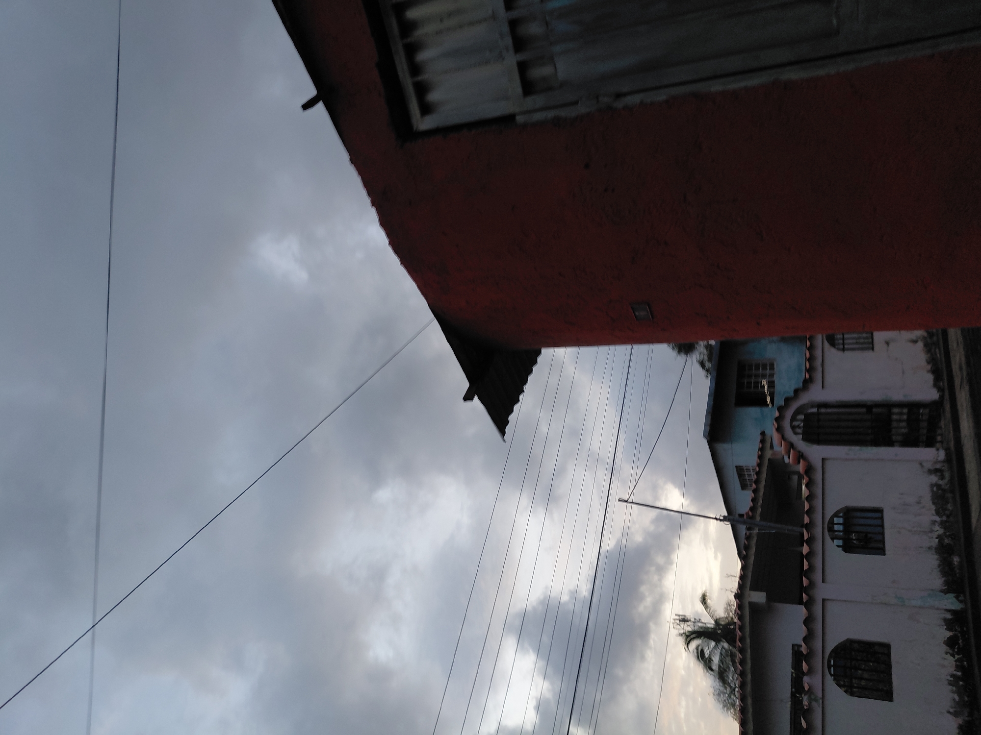The image depicts an urban residential scene under an overcast sky, likely in Santa Ana, Venezuela. In the immediate foreground, to the right, is the textured, dark red (maroon) stucco exterior wall of a building. A dark, possibly corrugated metal or wooden door with vertical panels is partially visible on this wall, slightly out of frame to the right. A dark, corrugated metal roof overhang is visible above the red wall. A small, light-colored rectangular object, possibly a house number or utility box, is affixed to the red wall.
To the left and receding into the midground, a light-colored perimeter wall with reddish-brown terracotta tile coping extends horizontally. This wall features two arched windows fitted with dark metal grates and a central dark metal gate composed of vertical bars. Behind this wall, a light blue-colored house with a tiled roof is partially visible. Further back, another white or light-colored building with a darker roof is present.
Multiple dark power lines traverse the upper and middle sections of the image, crisscrossing the grey, cloudy sky. A slender utility pole, appearing slightly angled, rises from behind the perimeter wall towards the center-left. Vegetation, including the fronds of a palm tree, is visible behind the houses on the left, and a telecommunication tower or antenna structure is partially visible behind the palm. The sky is predominantly grey with varying shades of cloud cover, indicating an overcast condition. No individuals or animals are present.