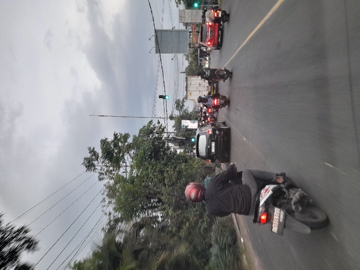 The image captures a roadway in Tunggorono, Indonesia, under an overcast sky. In the immediate foreground, a person wearing a dark long-sleeved shirt, grey trousers, and a red helmet is seated on a white and black scooter, viewed from behind. The scooter's license plate, AG 2664 VAV, is visible, and its taillight is illuminated.
Ahead in the same lane, a black compact SUV, with a partial license plate of AG 1550..., has its brake lights illuminated. Behind it, several motorcycles are visible, their riders and passengers partially obscured.
In the adjacent lane to the right, a white commercial truck is positioned further down the road, preceded and followed by additional motorcycles and a red SUV, also displaying illuminated brake lights.
Two green traffic signals are visible overhead, one centrally located and another towards the far right of the frame. Overhead utility lines crisscross the upper portion of the image. The left side of the road is bordered by dense green foliage. In the distance on the right, a tall slender pole and a large grey rectangular structure are discernible. Vehicles appear to be halted or moving slowly, consistent with an intersection or traffic congestion.