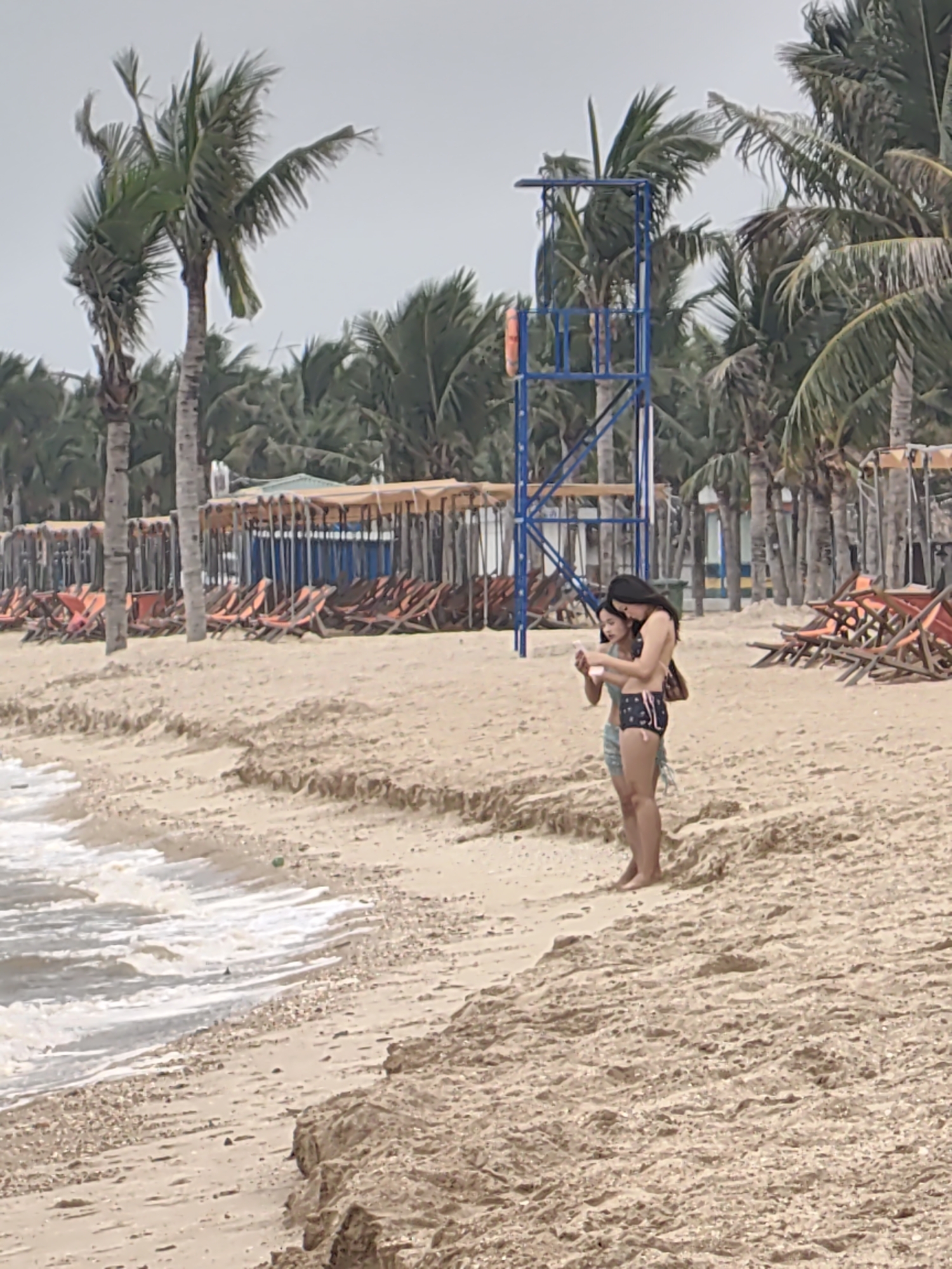 This media file captures a tranquil beach scene in Bai Chay Ward, Vietnam, under an overcast sky. In the midground, two women are standing on the beige, textured sand near the water's edge. Both are dressed in swimwear; one wears a dark bikini top with patterned shorts, and the other is in a lighter-colored swimsuit. They are positioned facing each other, seemingly looking at a white object, possibly a smartphone, held by one of them.
To the left of the women, a blue lifeguard tower stands prominently, featuring an orange lifebuoy attached to its side. The foreground shows the sandy beach sloping down to the gentle surf, with small, white-capped waves breaking on the shore.
The background is dominated by a dense line of tall palm trees, their fronds gently swaying. Behind these trees and extending across the beach are rows of empty beach chairs with orange fabric and wooden frames, set up under light-colored awnings or umbrellas, suggesting a resort or public beach area. The sky is a uniform light gray, indicating an overcast or hazy daylight. No visible text is discernible in the image.