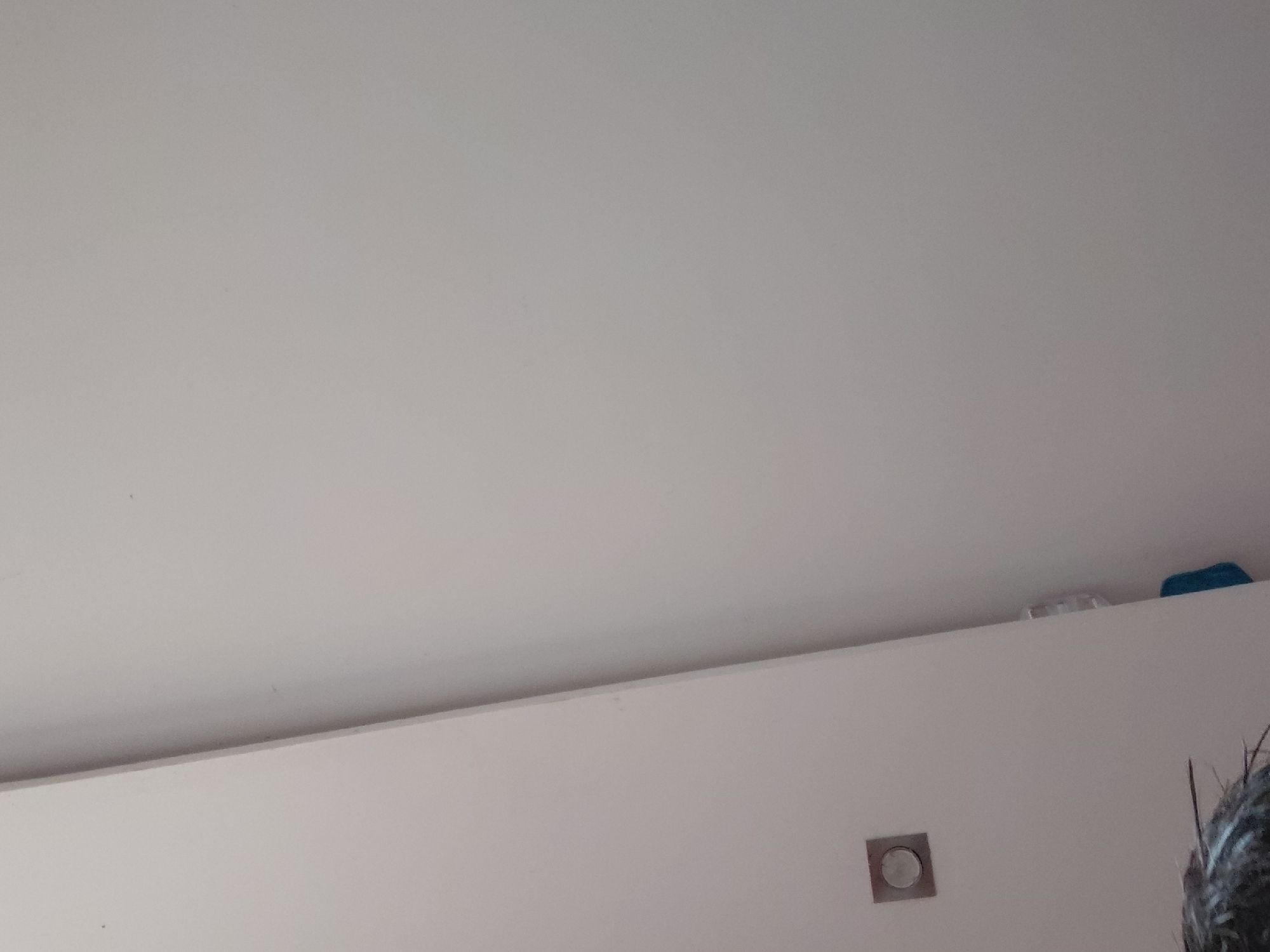 The image displays an indoor scene, primarily featuring a white ceiling and the upper section of a plain white wall. A distinct horizontal line separates the ceiling from the wall, where a narrow ledge is visible. On this ledge, positioned against the ceiling, are a few small objects, including a bright blue item on the right (possibly a sponge or cloth) and a lighter, translucent rectangular object to its left.
In the bottom right corner of the frame, the top of a person's head with dark, spiky hair is partially visible, indicating an upward-angled shot. Towards the bottom of the visible wall area, on the left side, there is a modern-looking square light fixture with a metallic or silver-colored frame and a circular light source in its center. The overall lighting appears even, suggesting either diffused natural light or soft artificial illumination. There is no discernible activity taking place beyond the static composition of the room's elements. No text is visible in the image. The setting appears to be a minimalist or contemporary interior.