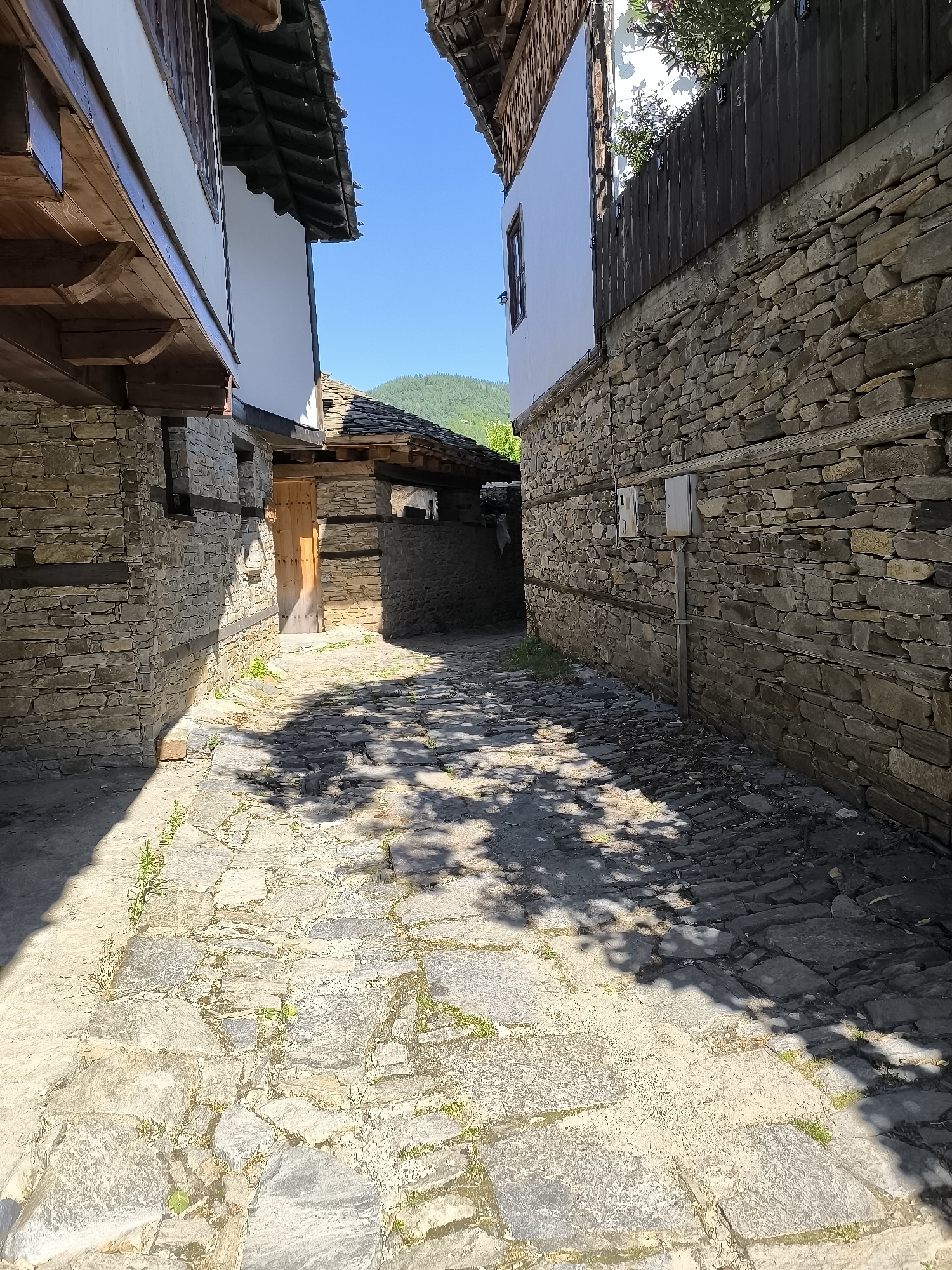 The image depicts a narrow, cobblestone alleyway in the historic architectural reserve of Kovachevitsa, Bulgaria. The alley is flanked by traditional stone houses with wooden eaves and dark tiled roofs. On the left, a white-walled house with exposed wooden beams sits atop a stone foundation. On the right, another stone house features a dark wooden fence along its upper portion and a small electrical box mounted on the wall. The cobblestone path is uneven, with patches of green grass growing between the stones. Shadows from overhead trees dapple the ground, suggesting it is daytime. In the background, a wooden door is visible, and beyond that, hints of lush green vegetation and a distant hillside under a clear blue sky. The overall impression is one of a preserved historical village street.