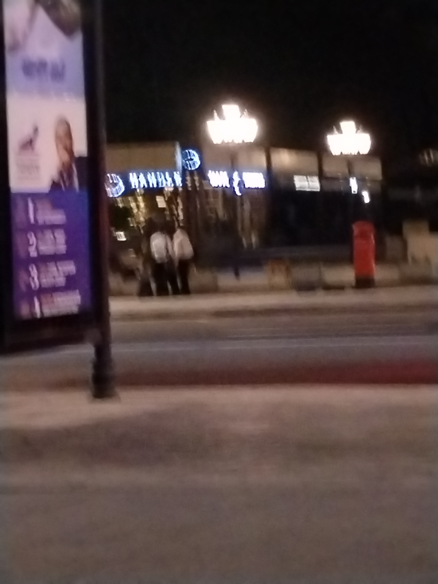 A blurry, dark, and out-of-focus image depicts a nighttime street scene in Yerevan, Armenia. The setting appears to be an urban area with buildings, street lights, and a road.
On the far left, a vertical billboard or street sign is prominent. Its upper section features a light background with faint Armenian text, where "օրիգինալ" (original) can be partially discerned. Below this, a blurry image of a person, likely a man in a suit, is visible, accompanied by a small bird graphic. The lower portion of the billboard has a purple background with numbered lists (1, 2, 3) followed by indistinct text.
In the middle-ground, several blurry figures, appearing to be two or three people wearing light-colored shirts or jackets, stand on the sidewalk. Behind them, buildings feature illuminated signs. One sign prominently displays the word "HANDEL" in capital letters with a distinctive blue circular logo that includes a globe-like design. Another similar blue circular logo is visible on an adjacent sign to the right. Above the buildings, two ornate, brightly glowing street lights with multiple arms illuminate the background.
To the right, a cylindrical red post box stands on the edge of the sidewalk. The foreground consists of a grey pavement and a road, with a faint reddish line or marking visible on the road surface in the lower right. The overall activity involves people standing or walking on the sidewalk; however, specific actions or emotions are not discernible due to the image's blurriness. The scene unmistakably takes place at night, as indicated by the darkness and artificial lighting.