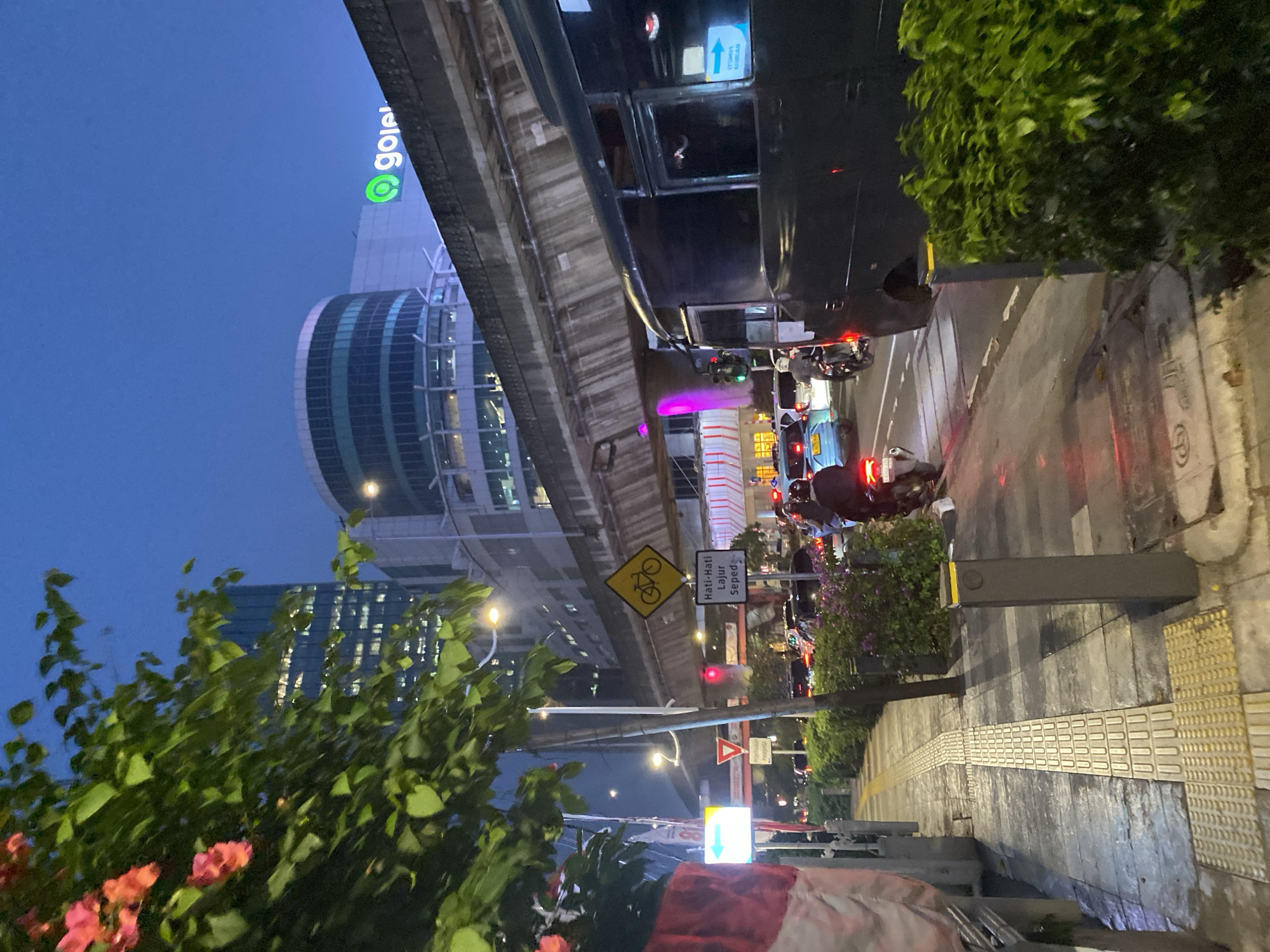 The image depicts a street scene in South Jakarta, Indonesia, at dusk or early evening. A multi-lane road is visible, with a considerable amount of traffic, including cars, motorcycles, and a large bus. A elevated concrete structure, possibly an overpass or monorail track, runs across the upper portion of the scene. On the left side of the road, there is a sidewalk with tactile paving for visually impaired individuals. A tree with pink flowers is in the foreground, obscuring part of a tall, modern building in the background. The building has many illuminated windows. To the right of this building, a larger structure with a rounded section and a prominent green "gojek" logo is visible, suggesting the presence of a Gojek office or hub. The sky is a deep blue, indicating the transition from day to night. The overall impression is of a busy urban environment.
