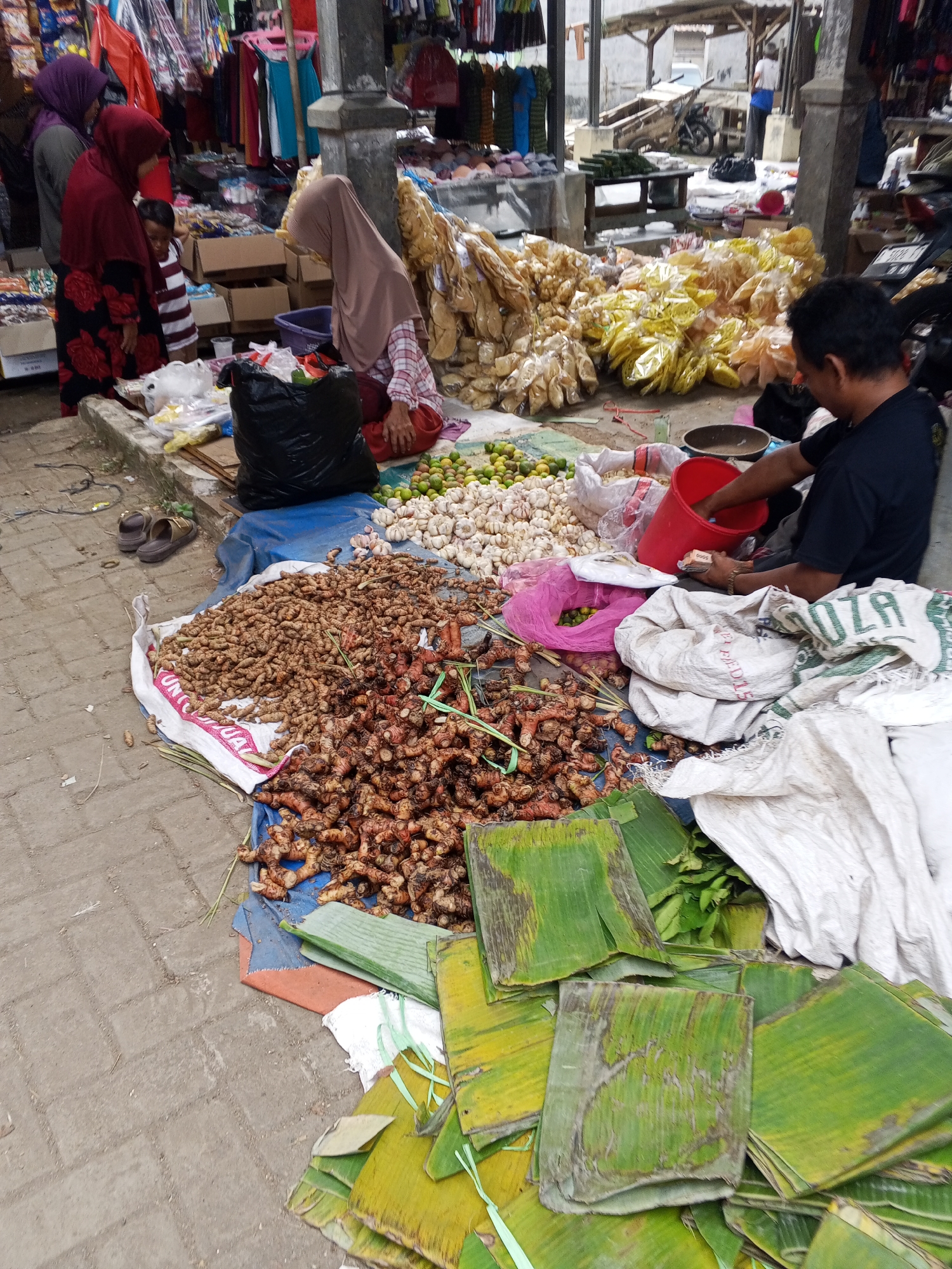 A bustling outdoor market scene unfolds in Serang, Indonesia. The ground is paved with interlocking bricks, with a blue tarp laid out as a makeshift stall. Piles of ginger and turmeric are arranged on the tarp, their earthy brown hues contrasting with the vibrant green of banana leaves scattered around them. Nearby, a mound of garlic bulbs and limes adds pops of white and green to the display.
In the background, a man in a black t-shirt is seen attending to the market goods, reaching into a red bucket. Several large sacks, some white and others made of woven material, are also part of the stall's setup. A few women, two of whom are wearing headscarves, are also present, interacting with the market scene. One woman in a maroon headscarf and a black and red patterned dress is standing, while another in a beige headscarf and a checkered shirt is kneeling. A young child in a striped t-shirt is standing between them.
Further back, racks of colorful clothing hang from a structure, suggesting this is a mixed market with various goods for sale. The overall impression is one of vibrant commerce in a lively urban environment.