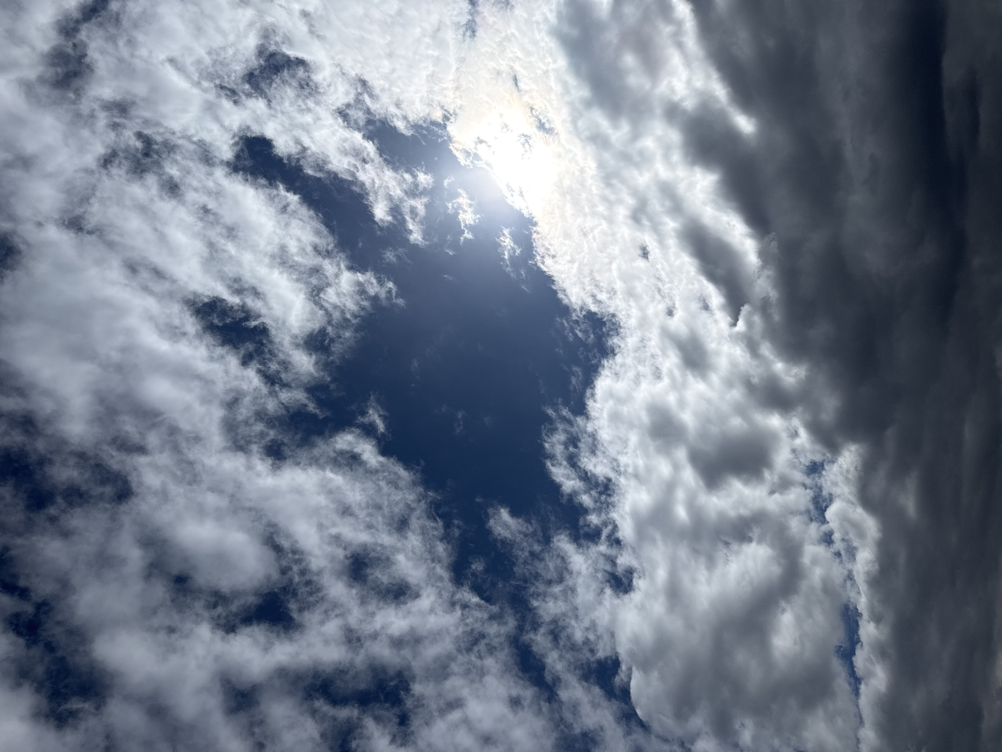 The image captures a dynamic sky filled with various cloud formations, with the sun brightly shining through. The scene is dominated by a mix of fluffy white clouds, darker, denser clouds, and patches of clear blue sky.
In the upper central-right portion, the sun is visible behind a white cloud, emitting a strong glare that illuminates the surrounding clouds. Below the sun and extending to the left, there is a distinct patch of deep blue sky. Scattered across the left and lower parts of the image are white, wispy, and somewhat fragmented clouds, appearing lighter and more ethereal against the blue background.
Towards the right side of the image, the clouds become significantly darker and more voluminous, suggesting a greater density or thickness. These clouds exhibit pronounced shadows, creating a stark contrast with the brighter, sunlit areas and the patches of clear sky. The overall impression is one of changing weather, with both bright, clear conditions and more overcast or impending cloudiness present simultaneously.
There are no people, objects, or visible text in the image. The time of day appears to be daytime due to the visible sun. The weather is partly cloudy to mostly cloudy. The context provided indicates the location is Saint Petersburg, Russia, although there are no specific visual cues within the image itself to confirm this.