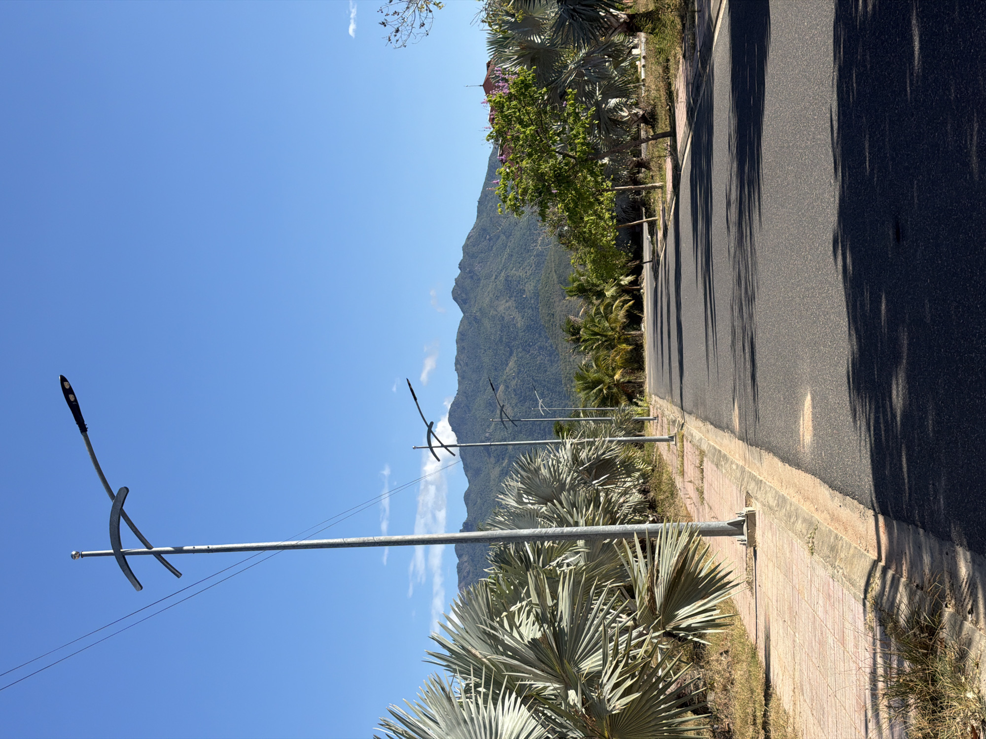A ground-level, outdoor shot depicts a street in Nam Nha Trang Ward, Vietnam, featuring an asphalt road with shadows, a brick sidewalk, and lush vegetation. The clear blue sky occupies a significant portion of the frame. Several light poles with modern, minimalist design are positioned along the sidewalk. In the background, mountains covered in green foliage rise against the skyline. The focus is sharp, capturing the details of the scene. There is no evidence of human presence or interaction.