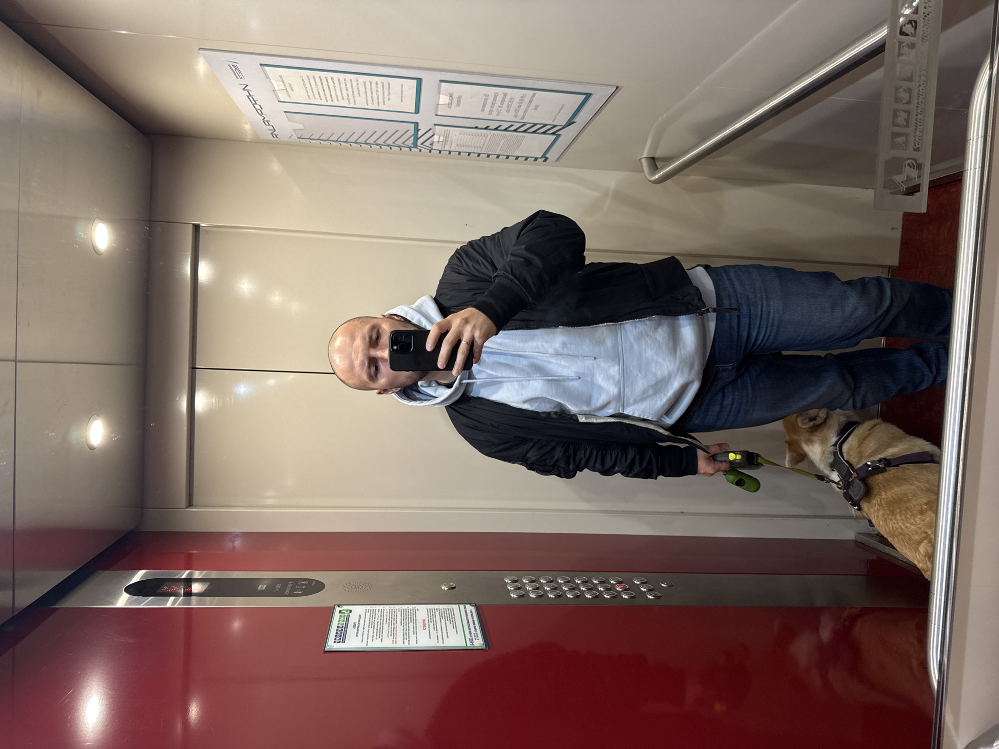 The image shows a man and a dog in an elevator. The man is bald, wearing a black jacket over a light blue hooded sweatshirt and jeans, and is holding a smartphone in front of him, presumably taking a photo. The dog is light brown, wearing a harness, and standing next to the man. The elevator has red doors with a panel of buttons and a display. There are also signs on the walls. Based on the "ALEVSISTEMA" sign in the elevator, the location is likely Krasnoyarsk, Russia.