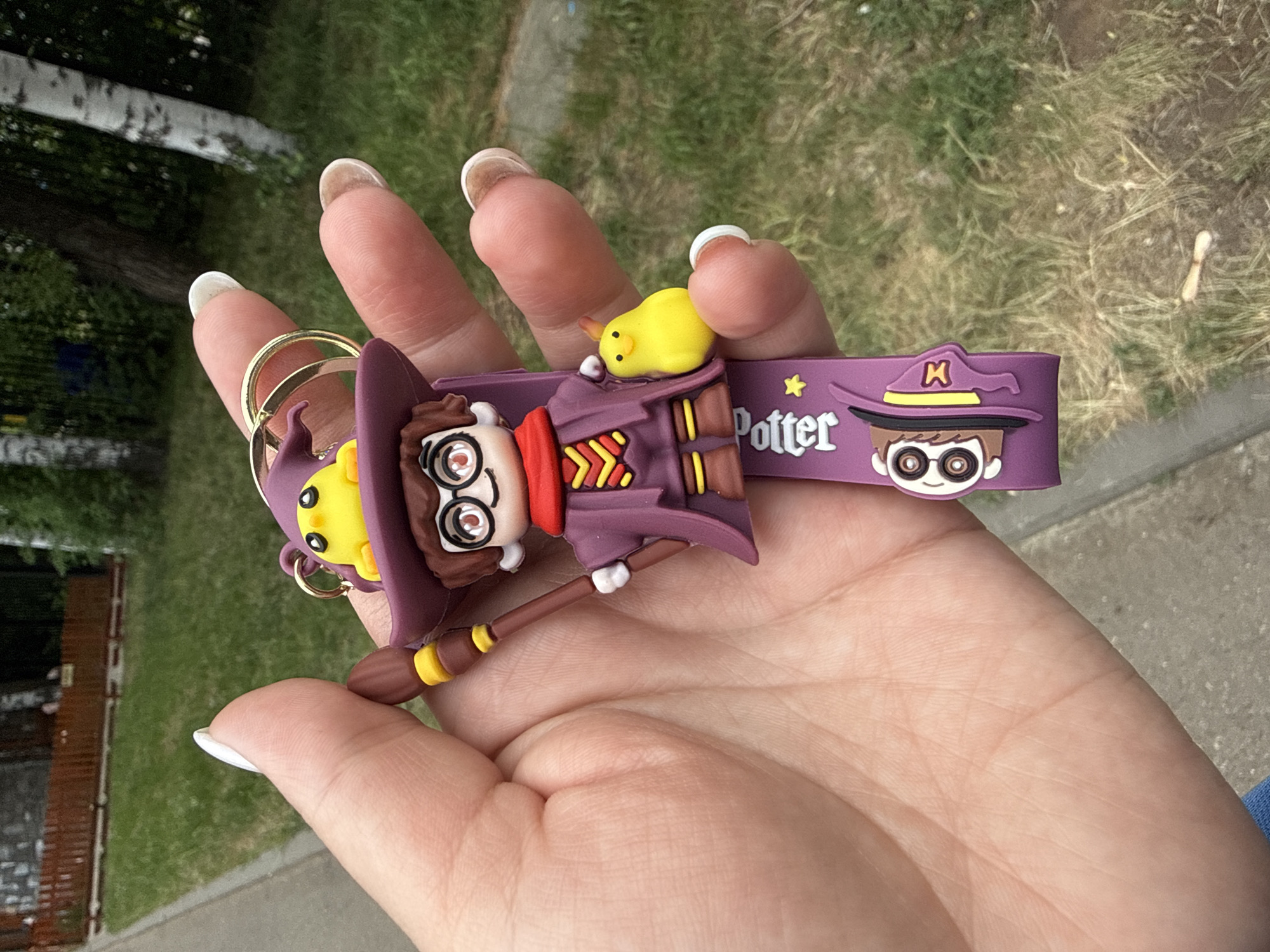 The image shows a person's hand holding a "Harry Potter" keychain. The keychain is purple and features cartoon-like figures of Harry Potter and a yellow chick. "Potter" is written on the keychain. The background shows grass, trees, and a portion of a building. Based on other available images of the same keychain and metadata associated with those images, the location is Chaikovsky, Russia.