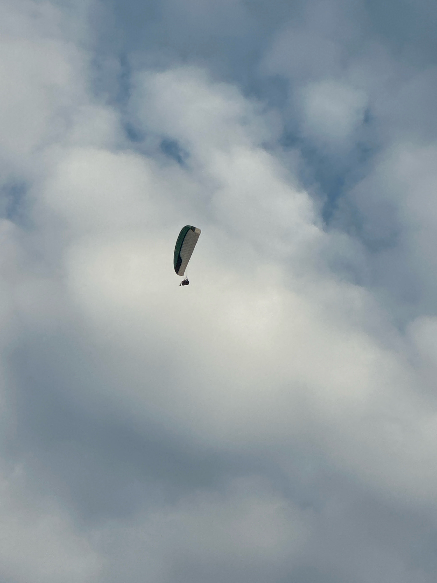 A paraglider is captured mid-flight against a backdrop of a cloudy sky. The paraglider, with a green and white canopy, is suspended in the air, and a person is visible in the harness below. The clouds are a mix of white and grey, creating a dramatic contrast with the blue sky peeking through in some areas. The image is an aerial shot, looking up at the paraglider. There is no discernible city of Boreti, Montenegro visible in the image.