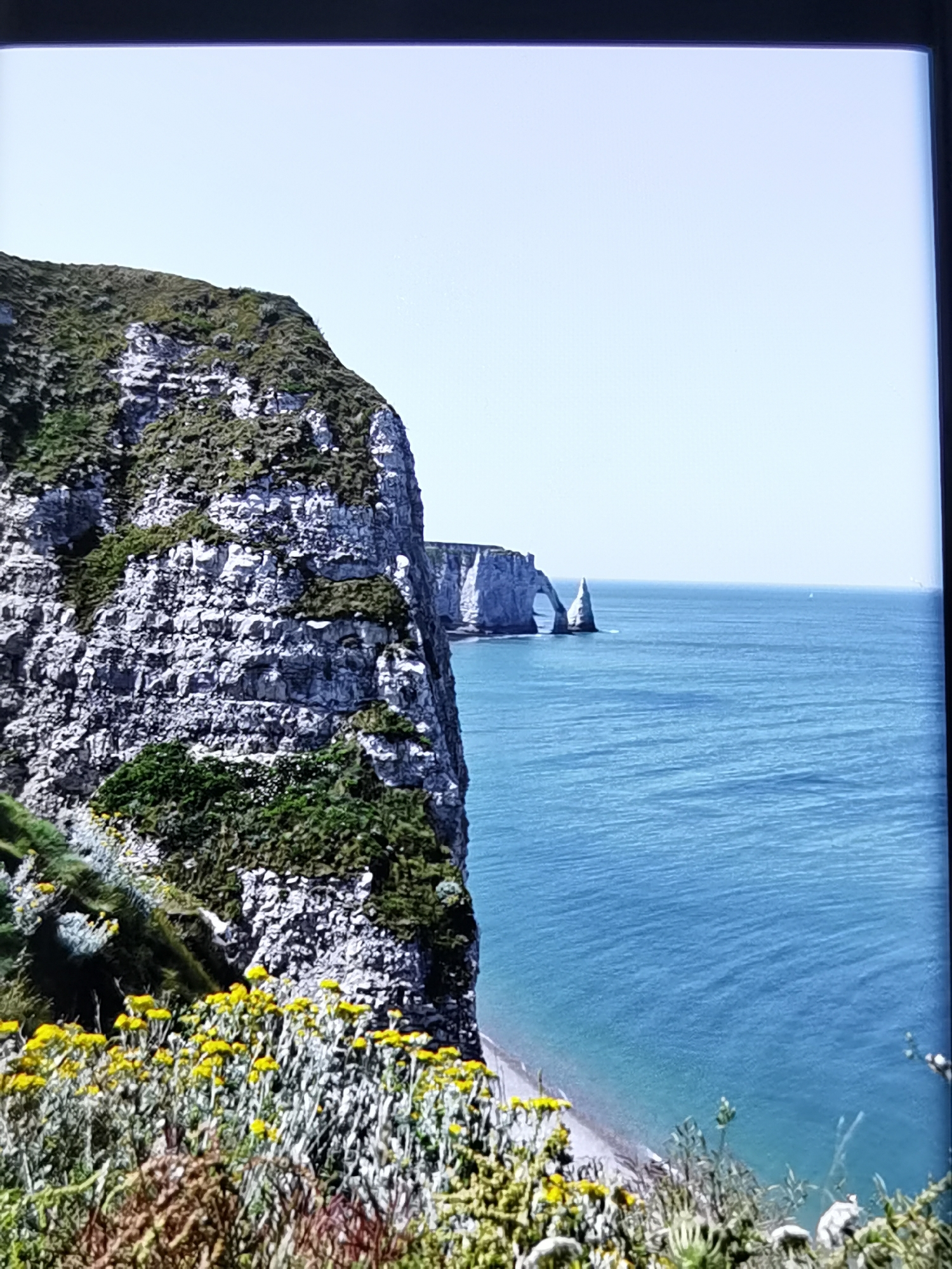 A scenic view of the Étretat cliffs in France on a clear day. The foreground features a rocky cliff face partially covered in green vegetation and yellow wildflowers. To the right, the vast blue ocean stretches towards the horizon, with a small pebble beach visible at the base of the cliffs. In the distance, the iconic chalk cliffs of Étretat form natural arches and rock formations, creating a dramatic coastal landscape. The sky is a pale, cloudless blue, suggesting a bright, sunny day. There are no people or man-made objects other than a distant, barely visible sailboat. The overall impression is one of natural beauty and tranquility.