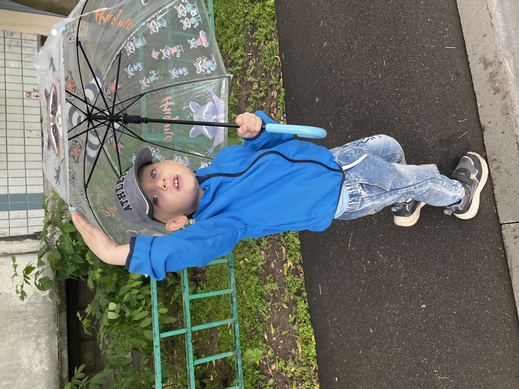 A young child stands on a wet asphalt surface, holding a clear umbrella adorned with raccoon illustrations. The child is wearing a blue jacket, light blue jeans, and dark sneakers. Their right arm is raised, holding the umbrella's handle above their head. Behind the child, a green metal fence separates the paved area from a patch of dirt and vegetation. In the background, a textured building with light-colored tiles and some greenery is visible. The presence of wet surfaces and the umbrella suggest it is raining. The context of Mytishchi, Russia, places this scene within a typical urban environment in that region.