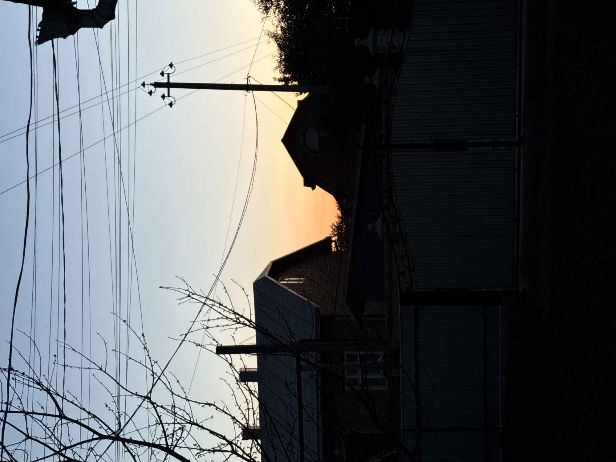 An exterior, medium shot shows a silhouette of a residential property at dusk. The sky transitions from a pale blue at the top to an orange-yellow glow near the horizon. Overhead power lines crisscross the frame, supported by utility poles. In the foreground, bare tree branches extend into the scene from the left. A dark metal gate runs across the lower portion of the image, behind which is a dark, corrugated fence. Silhouetted against the sky are two houses with peaked roofs and chimneys. One house, on the left, has visible window frames. The other house, on the right, features a distinct arched window near its peak. The overall impression is one of a quiet, residential setting at the end of the day.
