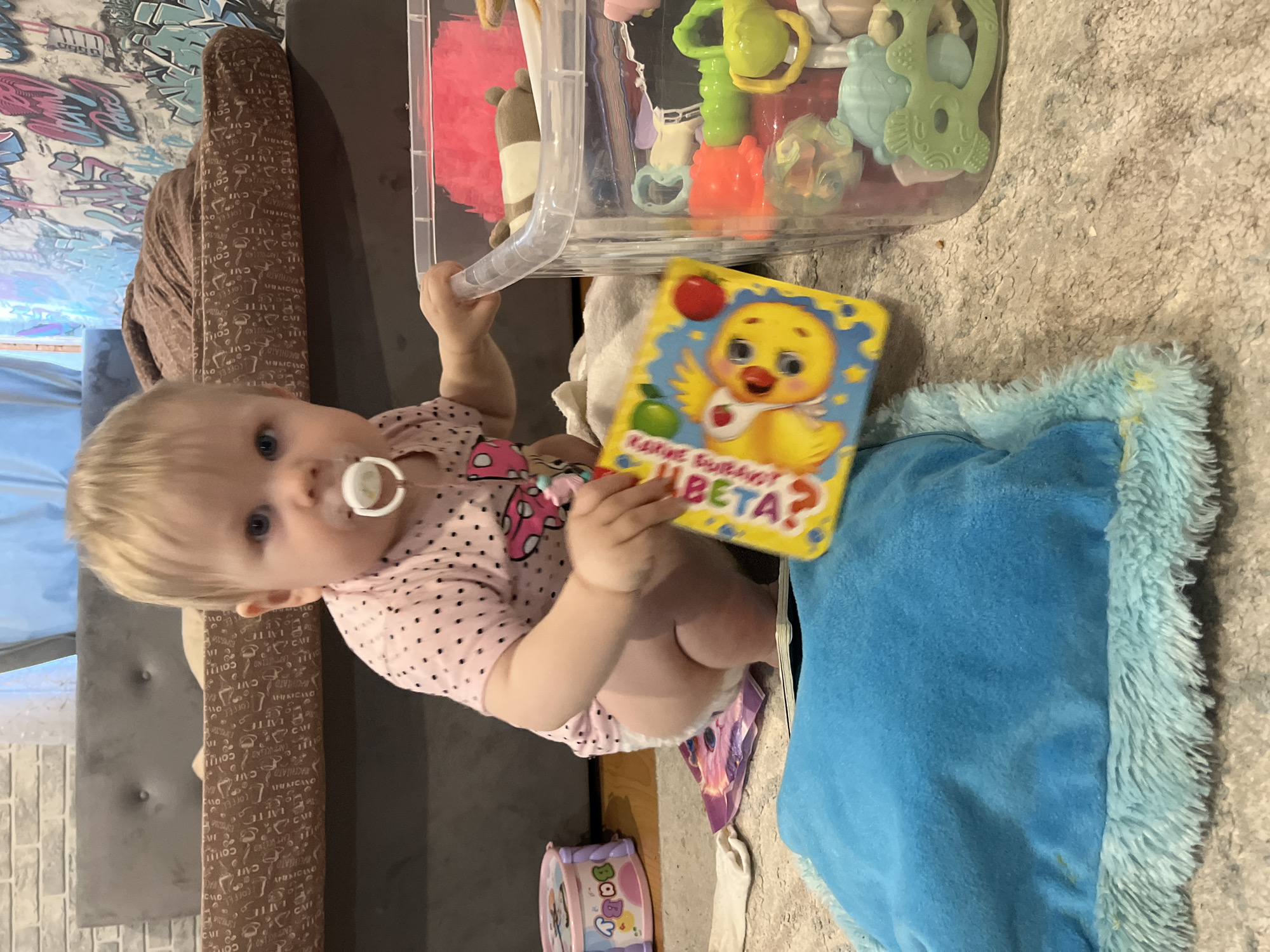 A baby with blond hair and blue eyes sits on a carpeted floor next to a gray couch, holding a book with a cartoon chick on the cover. The baby has a pacifier in their mouth and wears a pink polka-dot shirt. Next to the baby is a blue pillow, a toy drum, and a clear plastic container filled with various toys. The location is inside a home, but the specific city of Vesyoloye, Russia, cannot be determined from the image.