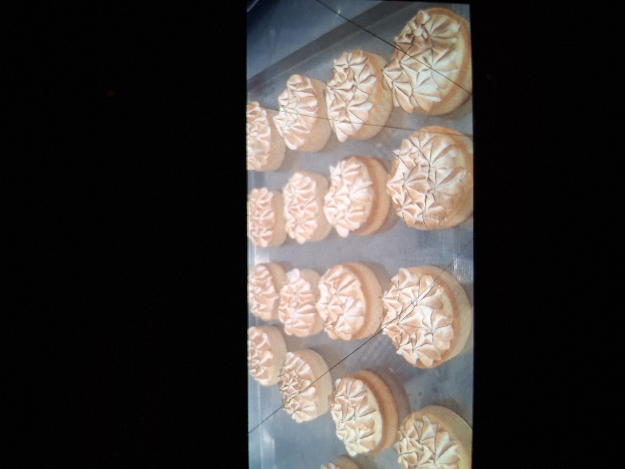This media file shows a close-up view of numerous baked goods, likely tarts or small cakes, arranged in rows. Each pastry is topped with a swirl of what appears to be meringue or whipped cream, artistically piped to create a textured, petal-like design. The base of the pastries is a golden-brown color, suggesting they are made of a cake or tart dough. The lighting in the image highlights the golden hues of the pastries and the creamy white of the topping. The scene is likely set in a bakery or kitchen environment, given the orderly presentation of the baked goods. The overall impression is one of freshly made, appetizing desserts ready for display or sale. No people are visible in the frame. The background is mostly dark, with the focus squarely on the pastries. The image quality is somewhat low, with visible grain and some digital artifacts, including lines across the pastries. There is no visible text in the image.