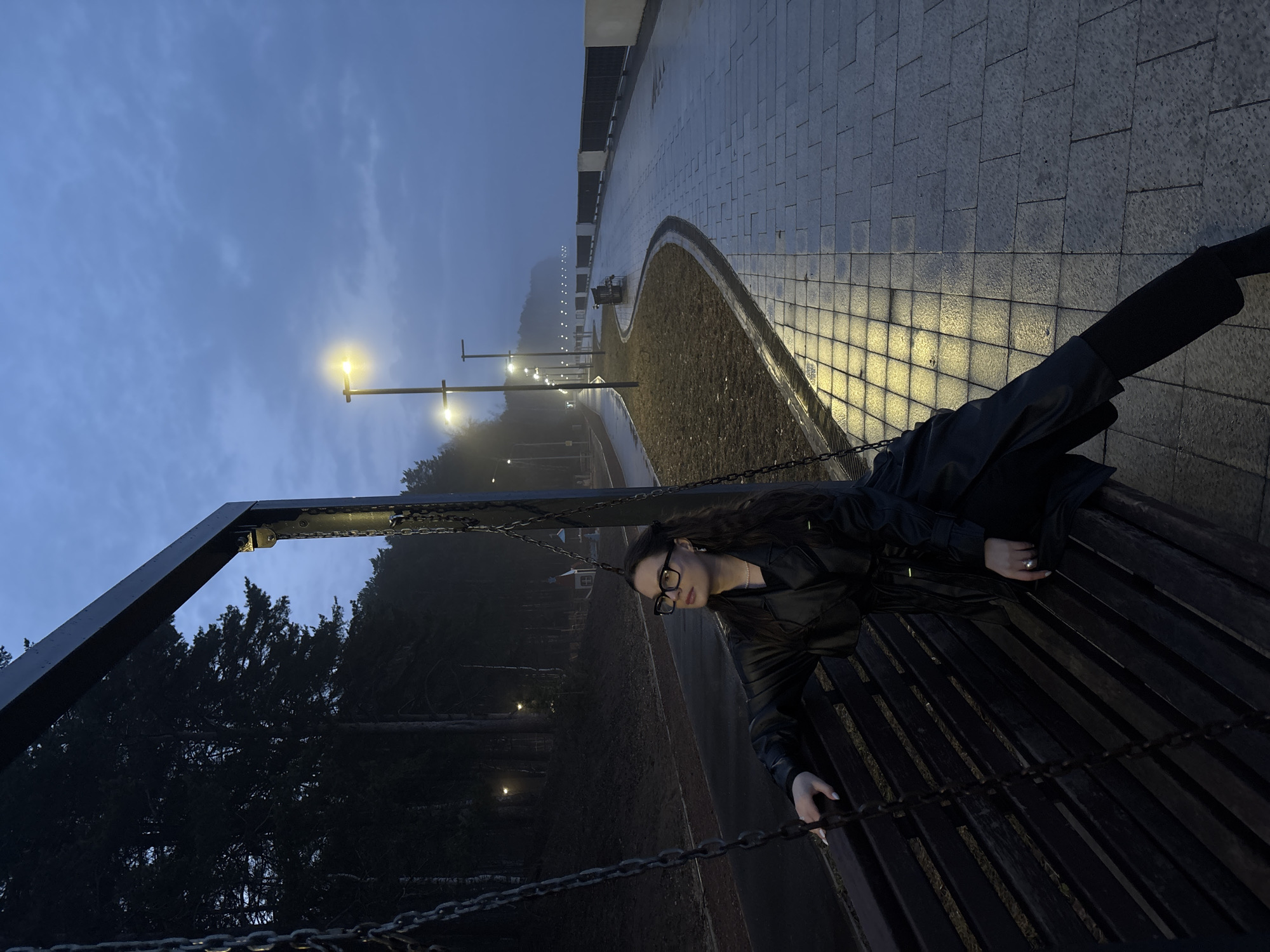 A person is reclining on a bench at an angle in an outdoor setting. The person is wearing glasses and dark clothing. The bench appears to be part of a swing set, with chains visible. In the background, there is a paved path with lampposts, and trees can be seen in the distance. The time of day appears to be dusk or early evening, with a foggy or misty atmosphere. The location is Chaikovsky, Russia.
