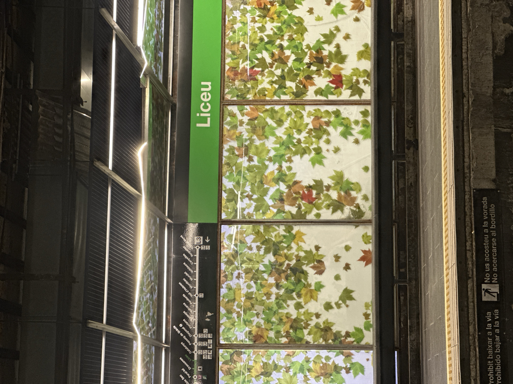The image shows a subway station in Barcelona, Spain. The station name, "Liceu", is displayed in large white letters on a green background. The walls of the station are decorated with a pattern of falling leaves in various shades of green, yellow, and brown. A subway map is visible above the leaves, showing different lines and stations. The platform has a yellow tactile warning strip along the edge. There are signs at the bottom of the image with instructions in Catalan and Spanish.