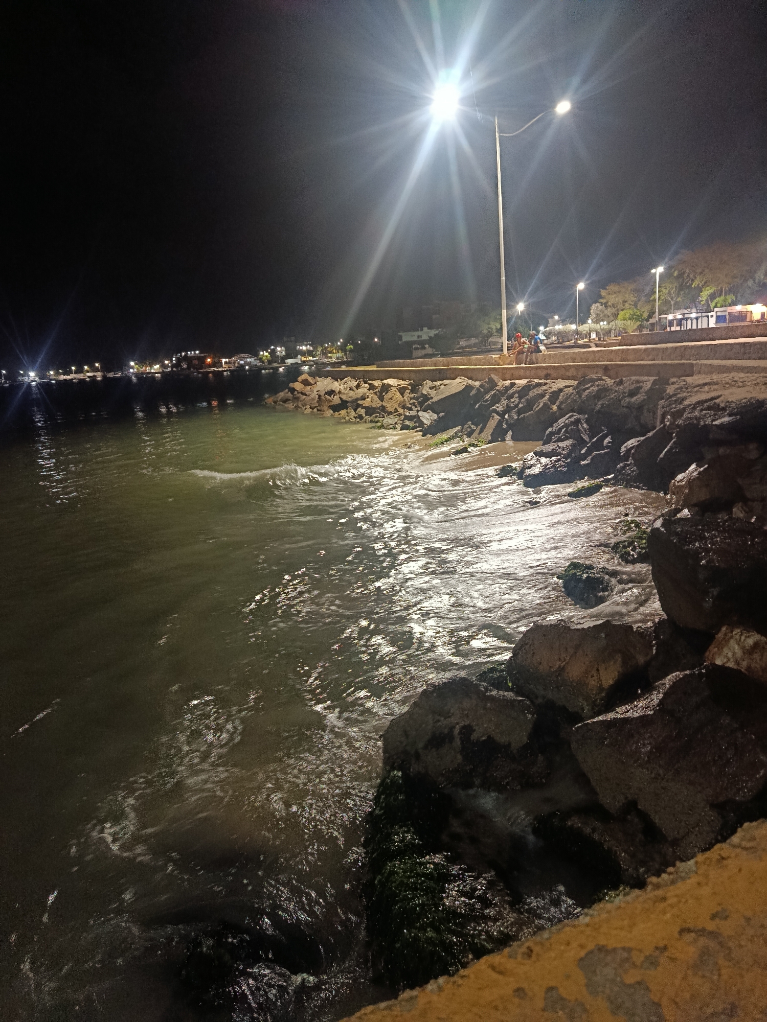 The image shows a nighttime view of the shoreline in Juan Griego, Venezuela. Water is visible on the left, with small waves gently lapping against a rocky embankment. Streetlights illuminate the scene, creating a glare. In the background, more lights suggest the presence of buildings and a populated area. Two figures are discernible sitting on a barrier. The foreground features large rocks covered in some patches of algae.