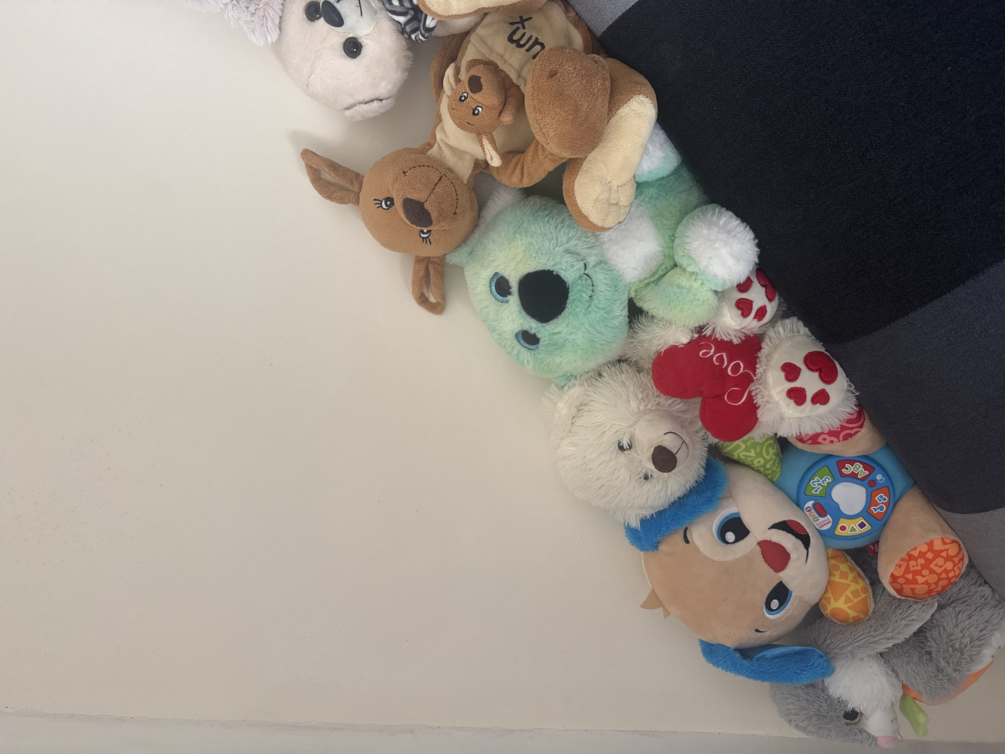 The image shows a collection of stuffed toys arranged in a diagonal line against a plain white wall and a dark gray or black upholstered surface. The toys include a white teddy bear with a blue collar, a brown dog-like toy with a blue collar, a Fisher-Price toy with buttons and patterns, a heart-shaped toy with the word "love" embroidered on it, a green teddy bear, a brown kangaroo with a joey in its pouch, and a white zebra-like toy. The exact location in Welshpool, United Kingdom is not discernible from the image. No people are visible.