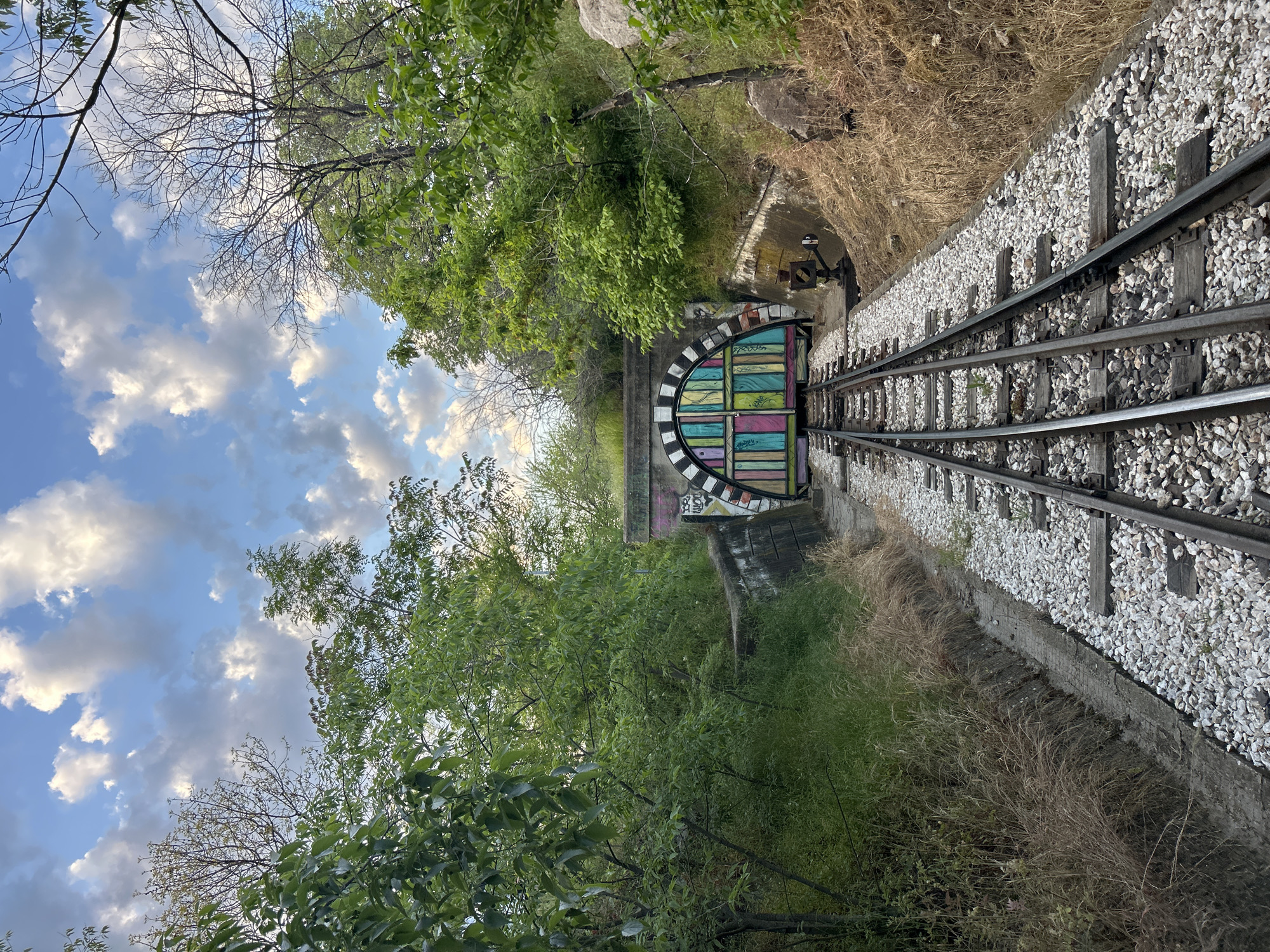 The image shows a narrow gauge railway track leading into a tunnel. The entrance to the tunnel is decorated with a colorful, semi-circular mural. The tracks are flanked by gravel ballast and vegetation. The sky above includes clouds and tree branches.
The location is likely the Children's Railway (Детската железница) in Plovdiv, Bulgaria, based on the distinctive narrow gauge railway and tunnel design.