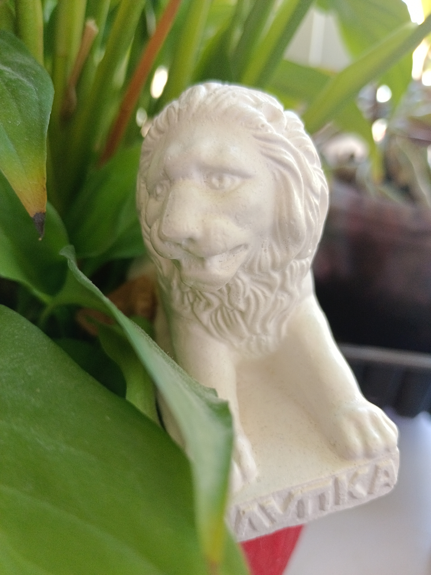 The image is a close-up photograph of a small, light-colored, lion figurine placed among green plant leaves. The figurine is positioned to the right of the frame, with its head turned to the left. It has a mane sculpted around its head and a tail curled around its body. The lion is sitting with its front paws resting on a flat surface, which has the letters "AVUKA" inscribed on it in a raised, stylized font. The plant leaves are a vibrant green, with some areas appearing slightly yellowed. The background is blurred, showing hints of brown and white. The scene appears to be indoors, possibly on a windowsill or shelf, as suggested by the light and the presence of a plant. The location in the city of Severnyi, Russia, cannot be determined from the visual information provided in the image.