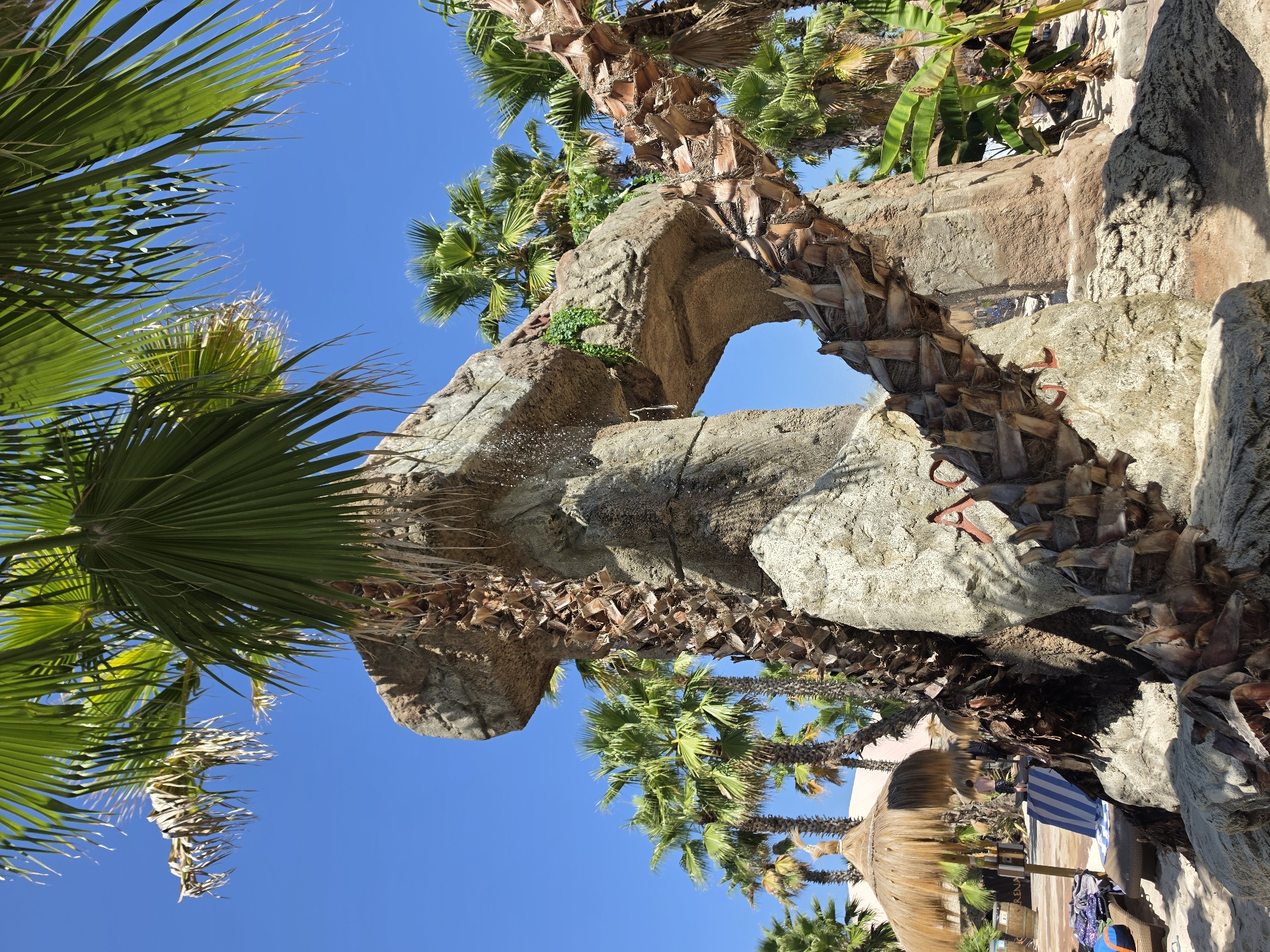The image depicts an artificial rock structure with a palm tree growing through it, creating an archway. The rock formation is textured and appears to be part of a themed environment, possibly a water park or resort. Water is seen dripping from the top of the rock formation. Several palm trees are visible in the background, along with a thatched umbrella, lounge chairs, and swimming pool elements. The sky is clear and blue. This scene is located at Aqualandia, a water park in Jesolo, Italy.